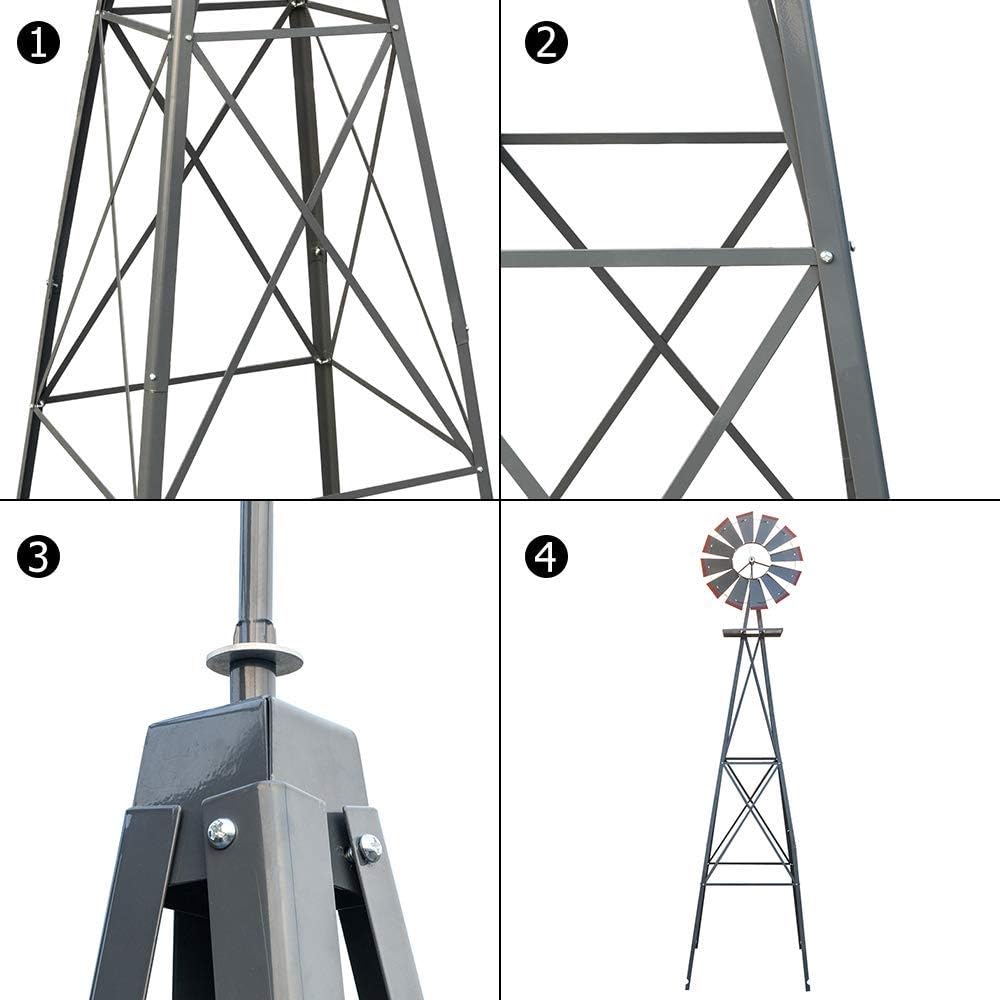 8FT Windmill for Yard Garden Decoration with Weather Vanes,Heavy Duty Outdoor Wind Mills, Large Metal Outdoor Windmill,Weather Resistant,Gray