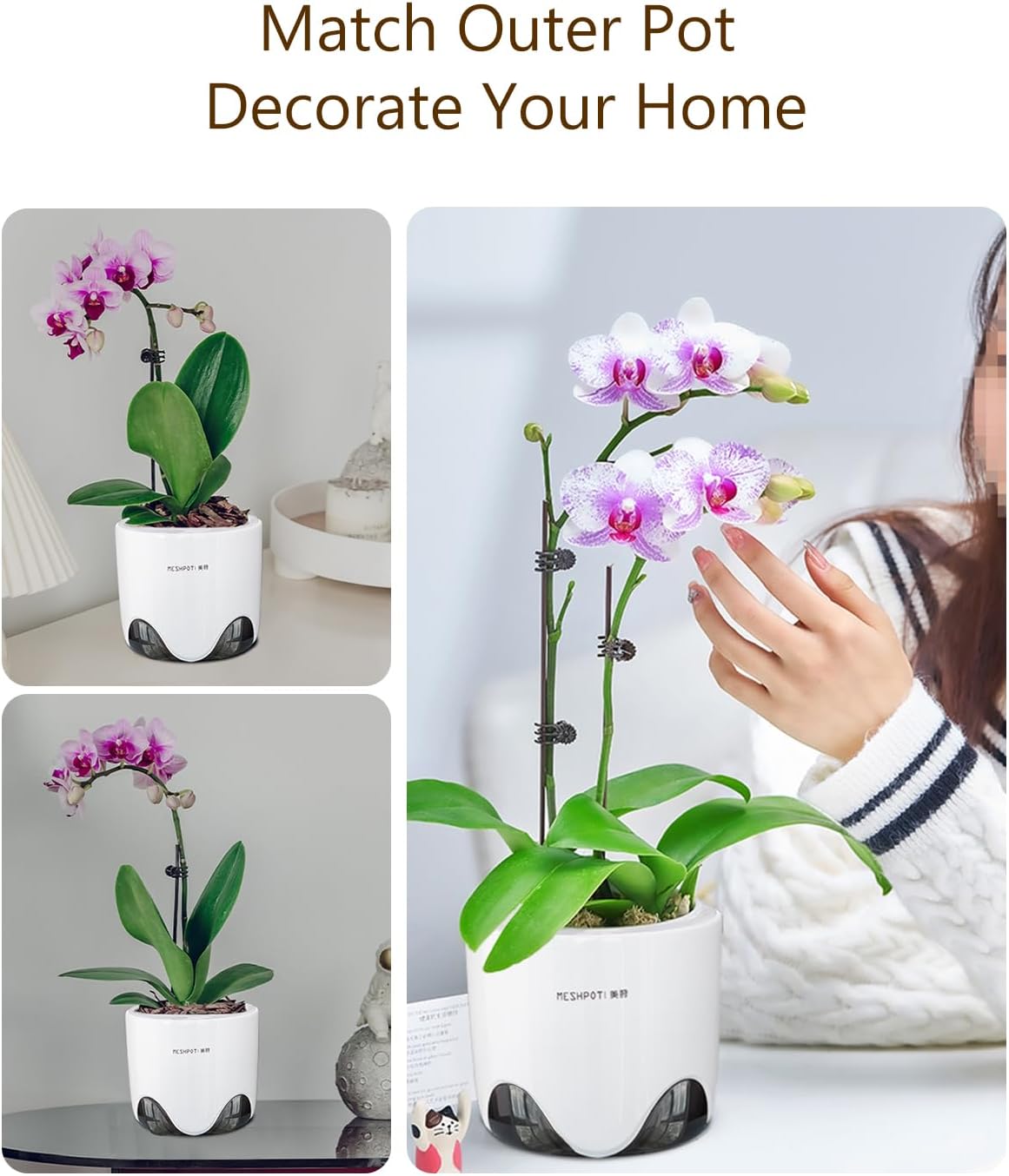 5 inch Orchid Pots with Holes for Repotting with Excellent Airflow, Set of 3, Double Layer Plastic Imitate Ceramic Orchid Planter, Clear Orchid Pot Match Decorative Orchid Container