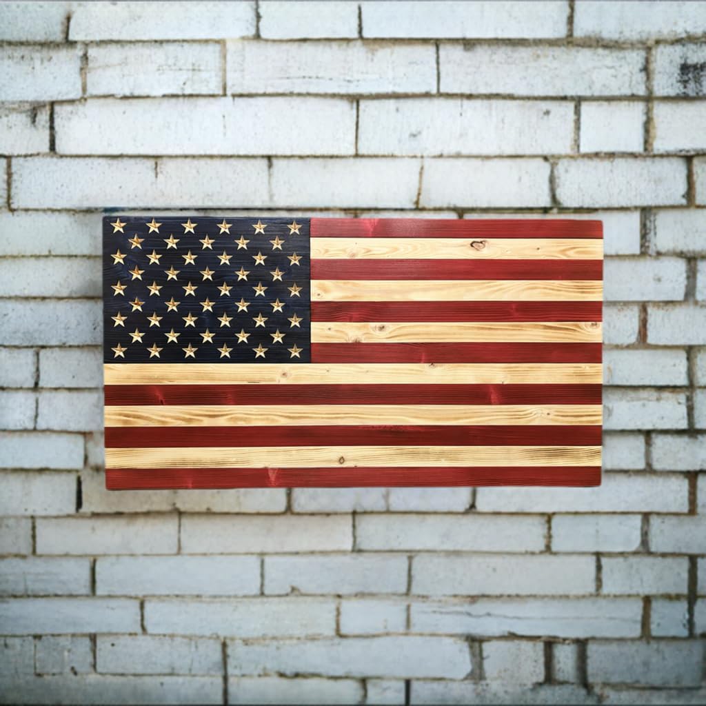 Rustic Wooden American Flag, Patriotic Wall Art (Weather Protected Finish, 26x47)