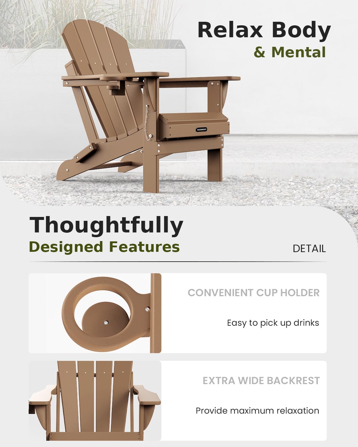 MUCHENGHY Folding Adirondack Chairs Set of 2, Patio Chairs, Lawn Chairs, Outdoor Chair, Adirondack Chair Plastic, Fire Pit Chairs, Weather Resistant with Cup Holder for Deck, Backyard, Garden(Teak)