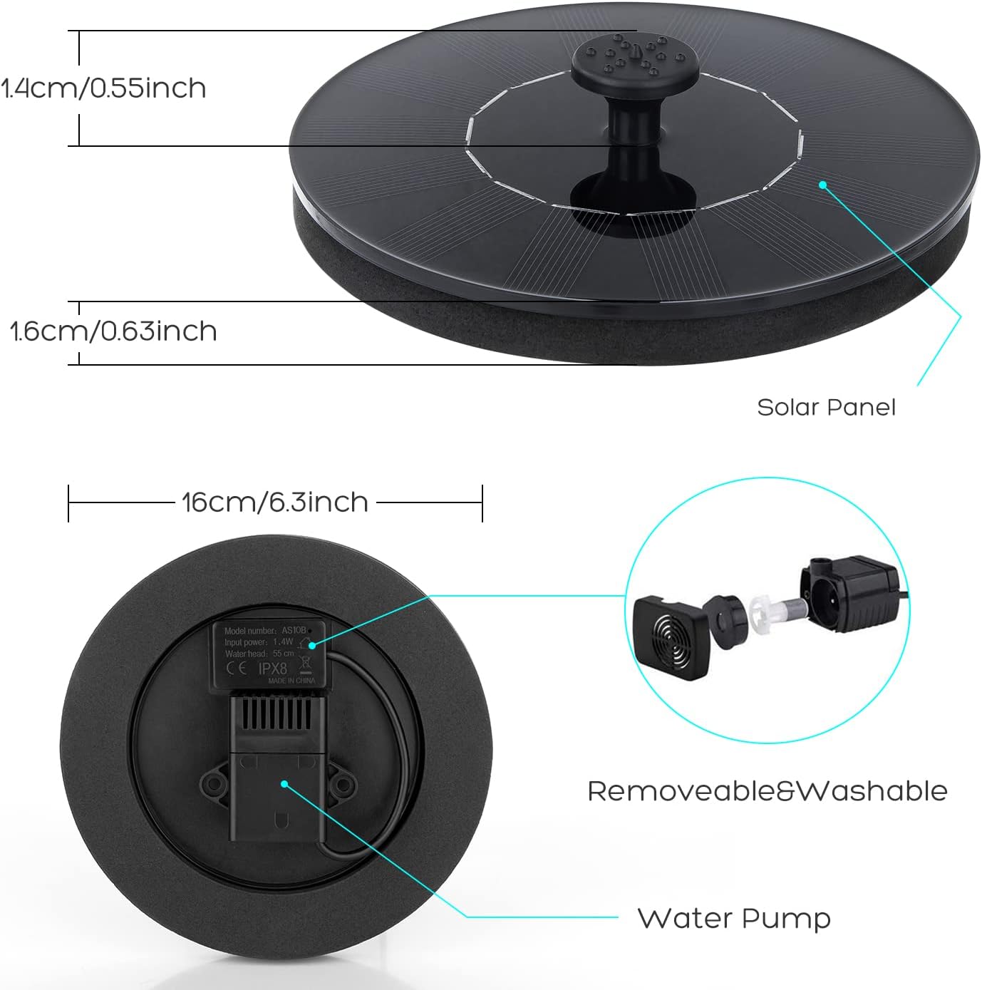 Mademax Solar Bird Bath Fountains Pump, Upgrade 1.4W Solar Fountain with 6 Nozzle, Free Standing Floating Solar Powered Water Fountain Pump for Bird Bath, Garden, Pond, Pool, Outdoor