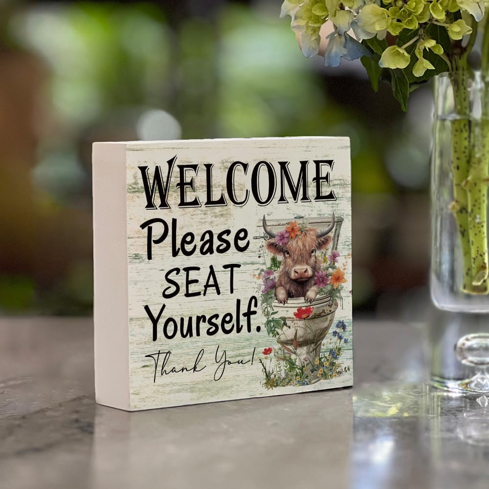 Funny Highland Cow Please Seat Yourself Bathroom Home Décor Sign Farmhouse Bathroom Signs Decor Rustic Wood Plaque Decor for Home Restroom Shelf
