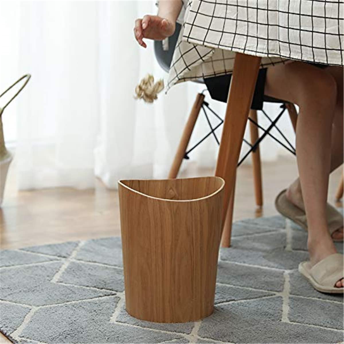 Wood Trash Can, Round Stackable Wastebasket, Natural Garbage Recycling Bin for Bathrooms, Powder Rooms, Kitchens, Home Offices (B-Light Wood)