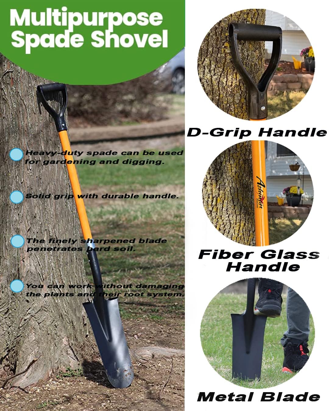 Ashman Drain Spade Shovel (2 Pack) - 48 Inches Long Handle Spade with D Handle Grip - Durable Handle with a Thick Metal Blade - Multipurpose Premium Quality Orange Shovel.