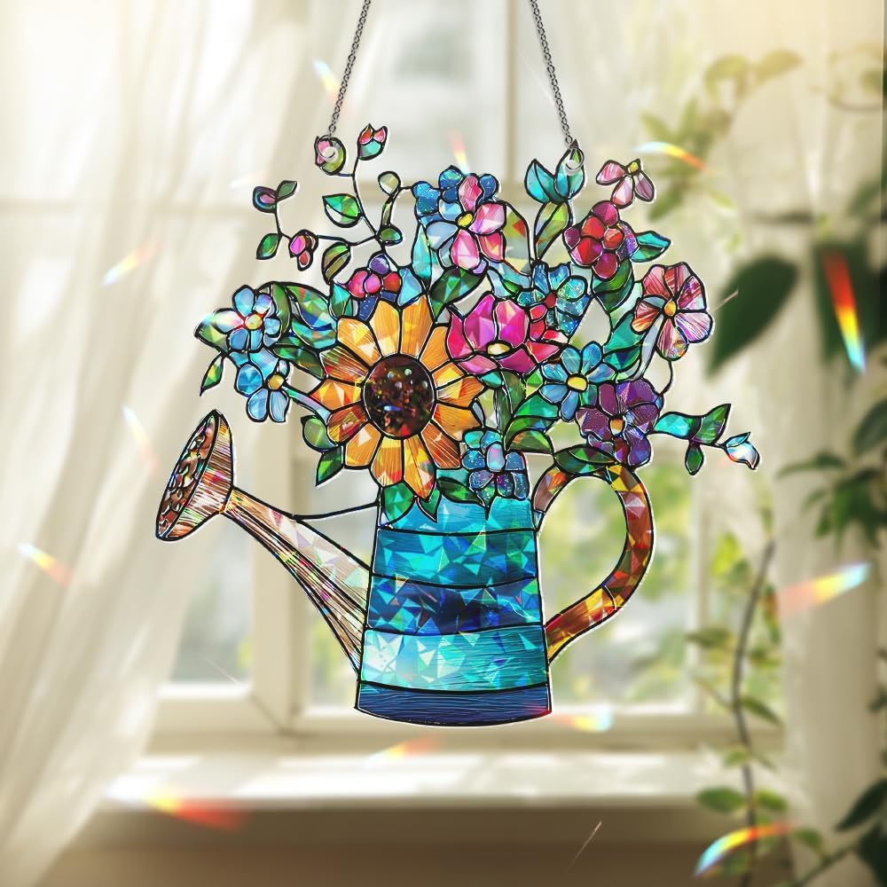 Sunflower Watering Can Suncatcher – Stained Glass Floral Ornament, Window Hanging Sun Catchers for Kitchen, Garden and Home Christmas Decoration