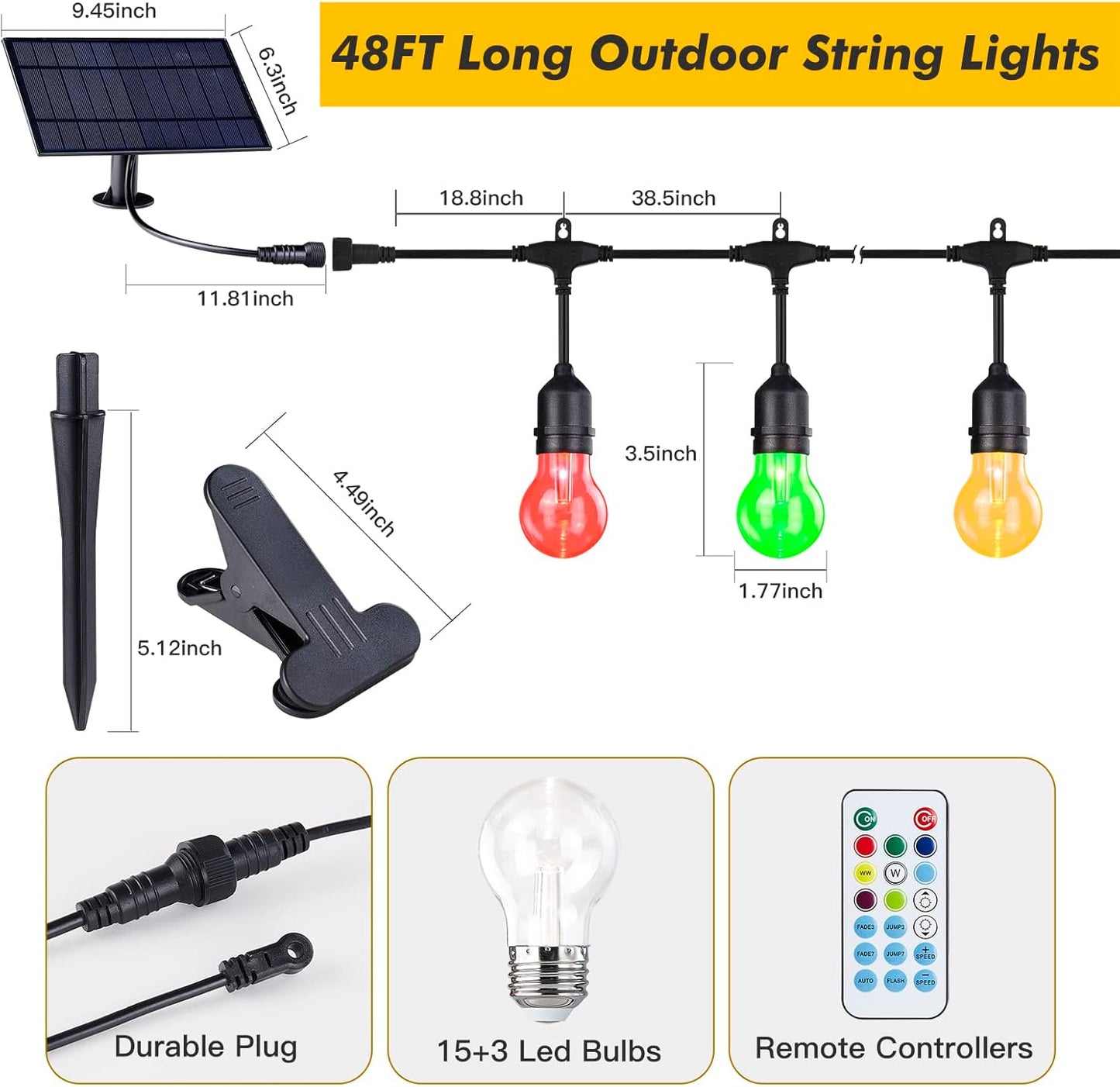 Auroraworld Outdoor String Lights RGB, 48FT Dimmable Patio String Lights with Shatterproof Edison Bulbs, Remote, Commercial Lights for Cafe, Patio, Yard, Party