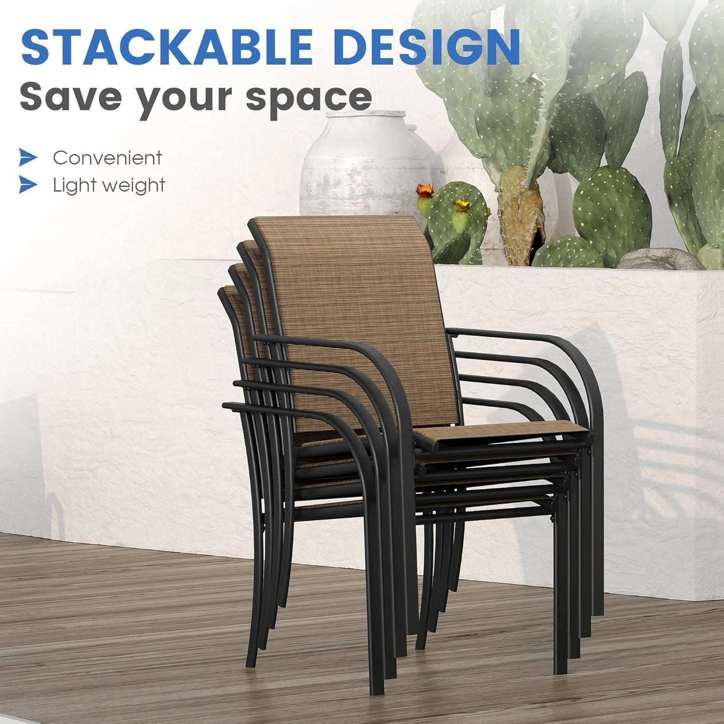 VICLLAX Patio Dining Set for 8, Outdoor Furniture Set Includes 53" Round Patio Table and 8 Patio Sling Chairs, Black Tabletop and Brown Fabric