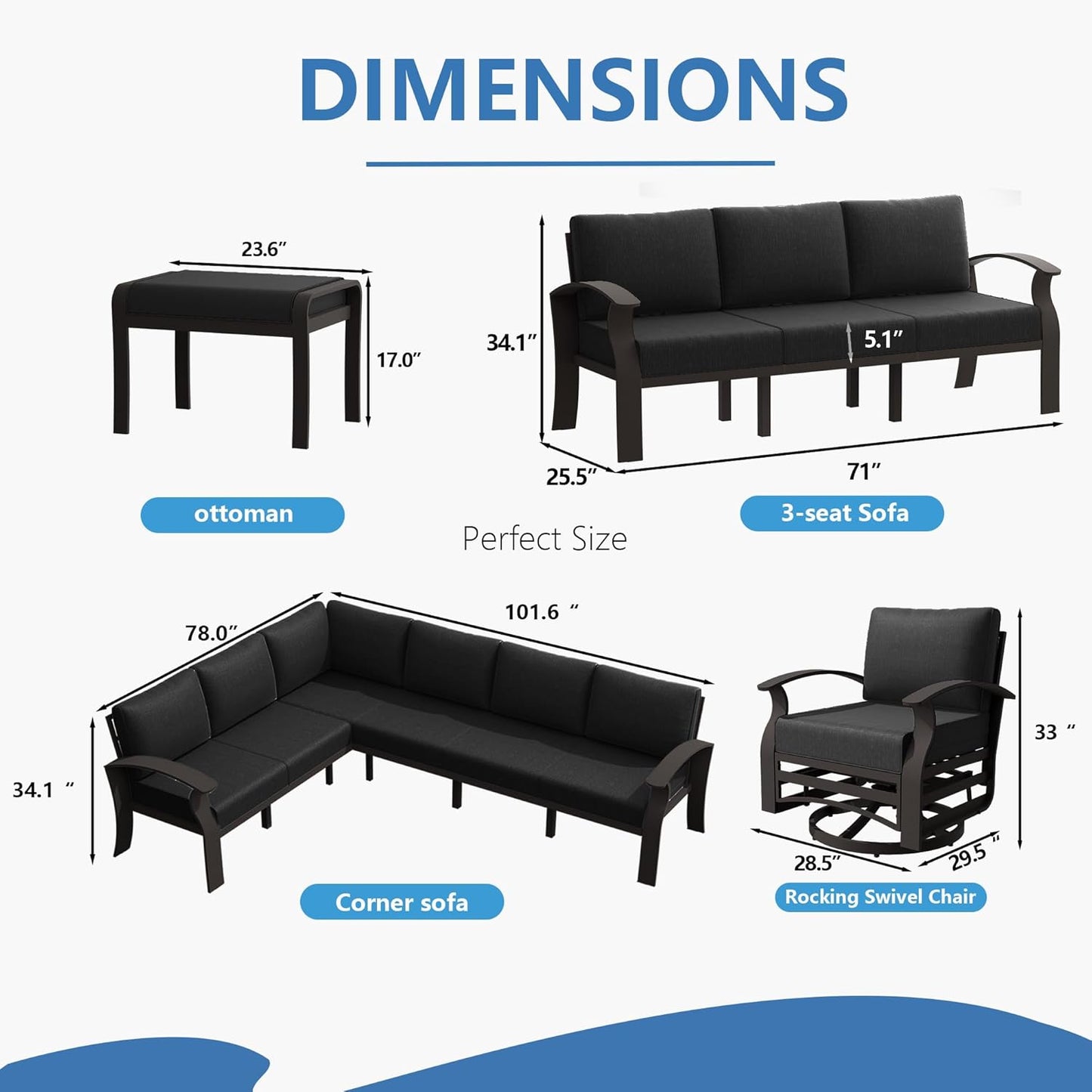 Aluminum Patio Furniture Set with Fire Pit Table, 10 Seats Outdoor Patio Conversation Set with Swivel Chair Modern Metal Patio Sectional Sofa with Coffee Table for Patio, Backyard(Dark Grey).