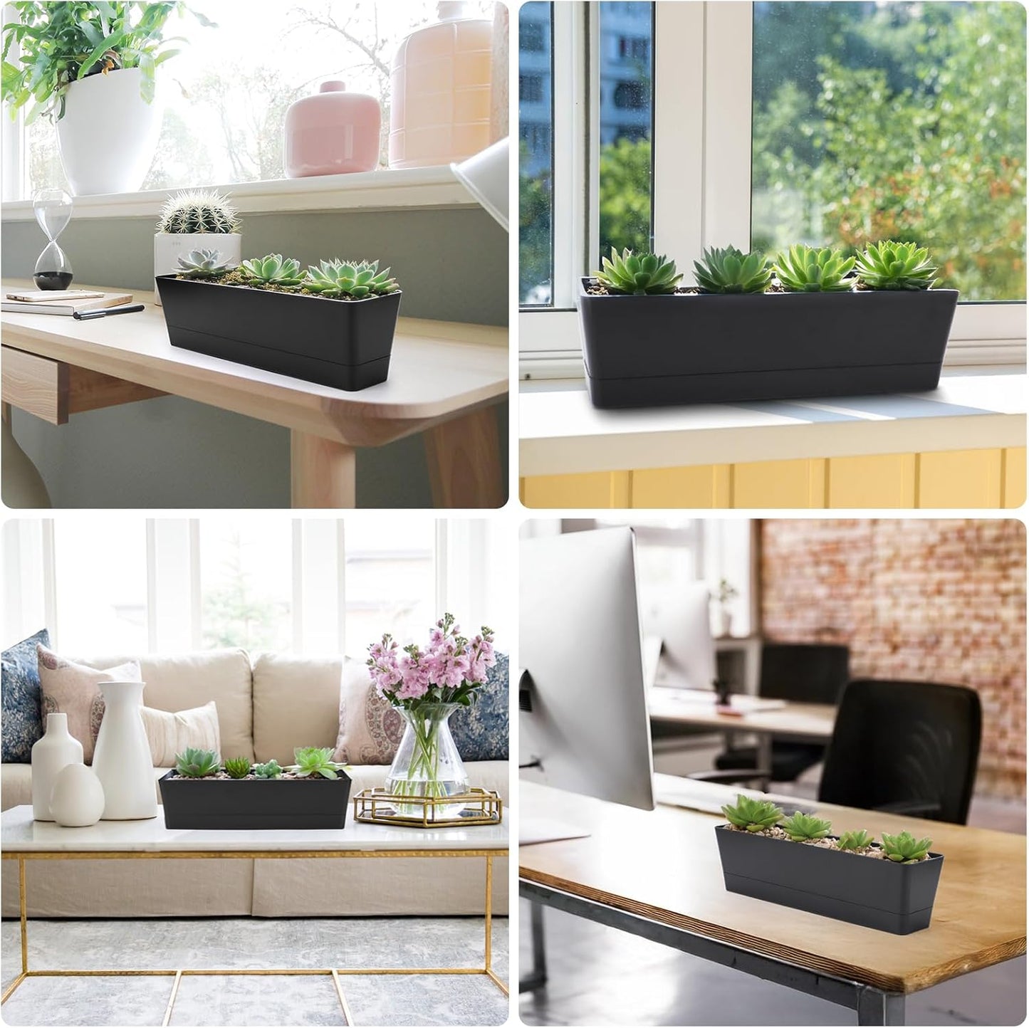 GREANER 12x3.8 Inch Herb Planters, 1 Pack Rectangle Window Boxes with Tray, Indoor Succulent Cactus Mint Plastic Pot for Windowsill, Balcony, Office, Outdoor Garden - Black