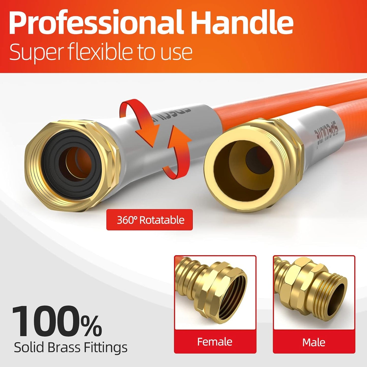 Garden Water Hose 25 ft x 5/8 in Heavy Duty, Flexible and Lightweight, Burst 600 psi, Kink-less Hybrid Rubber Pipe for Backyard, 3/4'' Brass Fittings, Orange