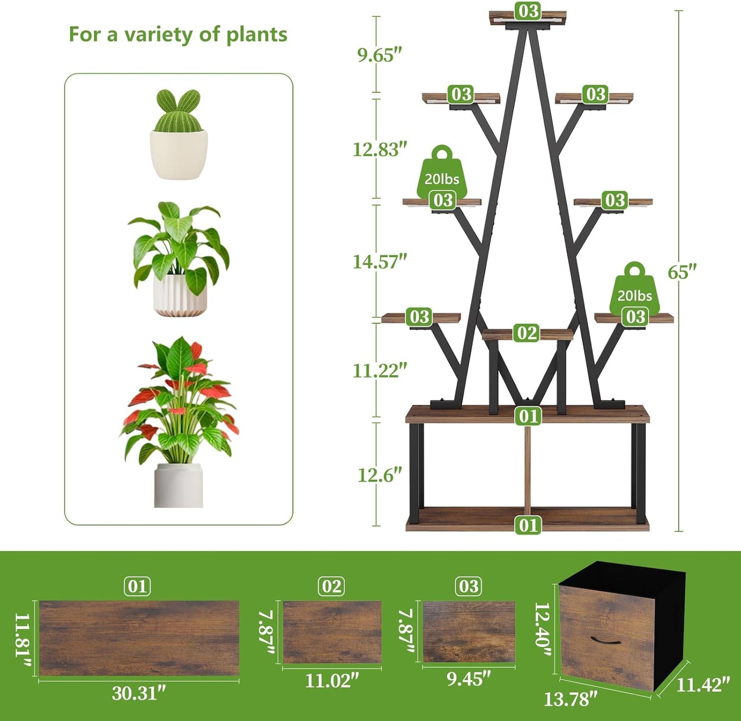Plant Stand Indoor with Grow Lights - 10 Tiered Plant Shelf with 2 Removable Drawers, 65" Tall Plant Shelf with Grow Light Holds 13 Pot Plants, Christmas Tree Shaped Plant Stand for Home, Living Room
