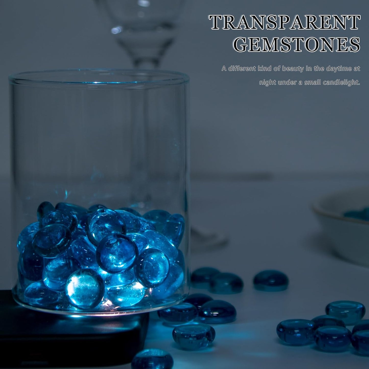 Meschett 50PCS Mini Glass Gems,Sea Blue Mancala Stones Flat Bottom Marble Beads for Home Decorative Art Craft Vase Filler(0.5"~0.7")