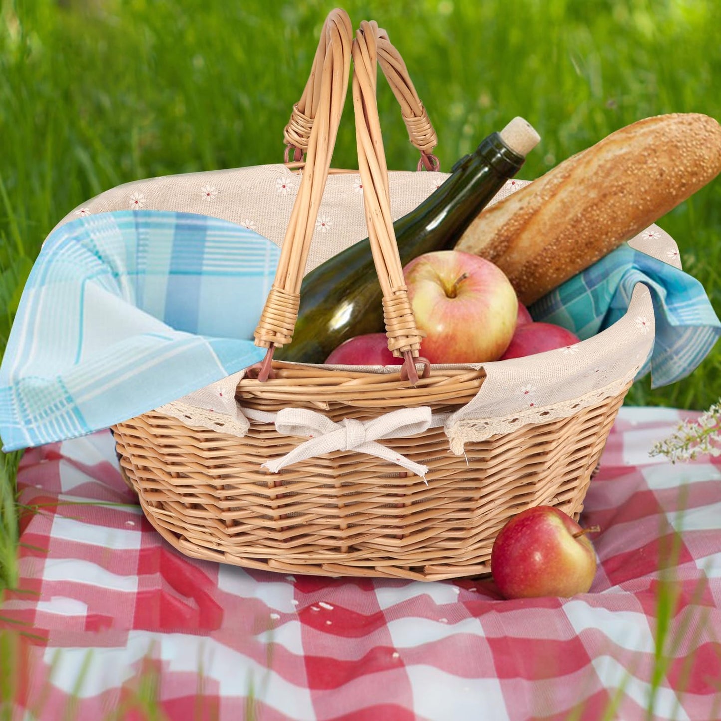 2 Pack Medium Size Oval Willow Basket with Handle, 12.6x9x4.7 Inch Wicker Picnic Basket with Liner, Empty Gift Basket, Wicker Basket for Fruit, Candy, Wine, Gathering, Wedding, Picnic, by GNIEMCKIN