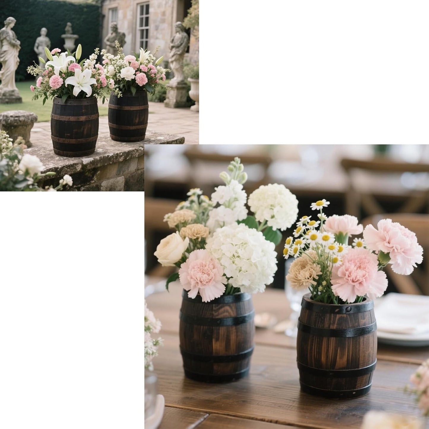 2 Pcs Wood Wine Barrel Vase 6" x 5" โ Rustic Wooden Flower Vase Planter for Wedding Reception, Home Indoor Outdoor Garden, Kitchen, Party Table Decoration