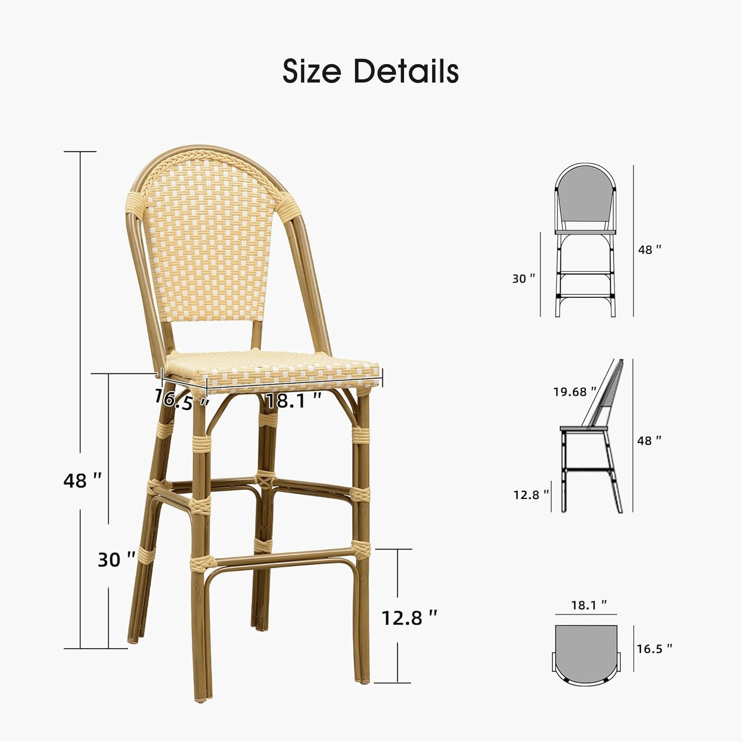 PURPLE LEAF French Bar Stool Set of 2 Bamboo Print Finish Patio Bar Stools with Back Rattan Bar Chairs Wicker Bar Height Stool 30" with Footrest Kitchen Island Stools Outdoor Barstool Cream Yellow