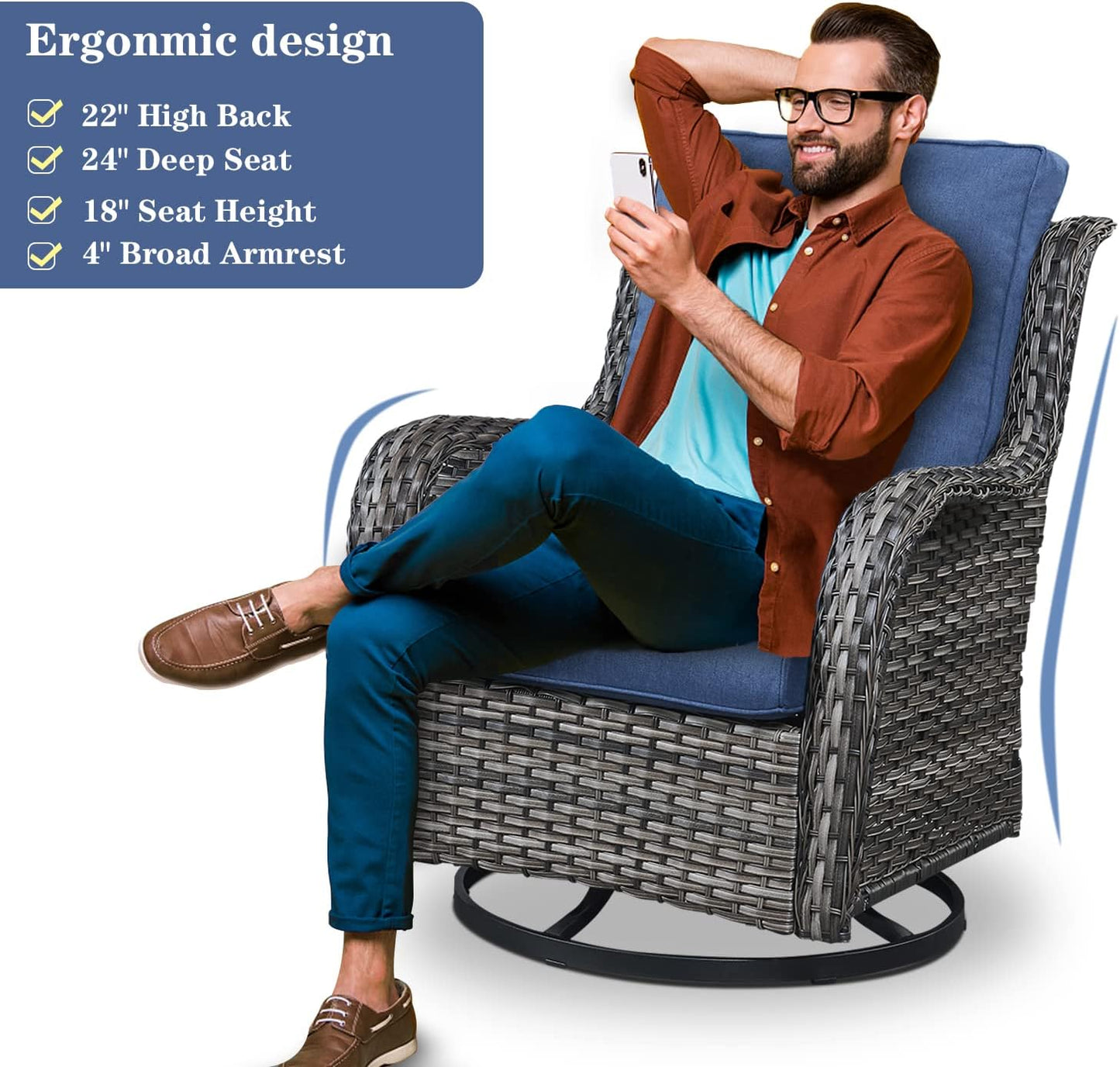 5 Pieces Patio Wicker Furniture Set - 4 Outdoor Swivel Rocker Glider Chairs with 50000BTU Propane Fire Pit Table, Warm Patio Conversation Set Blue Cushion Perfect for Casual Gathering