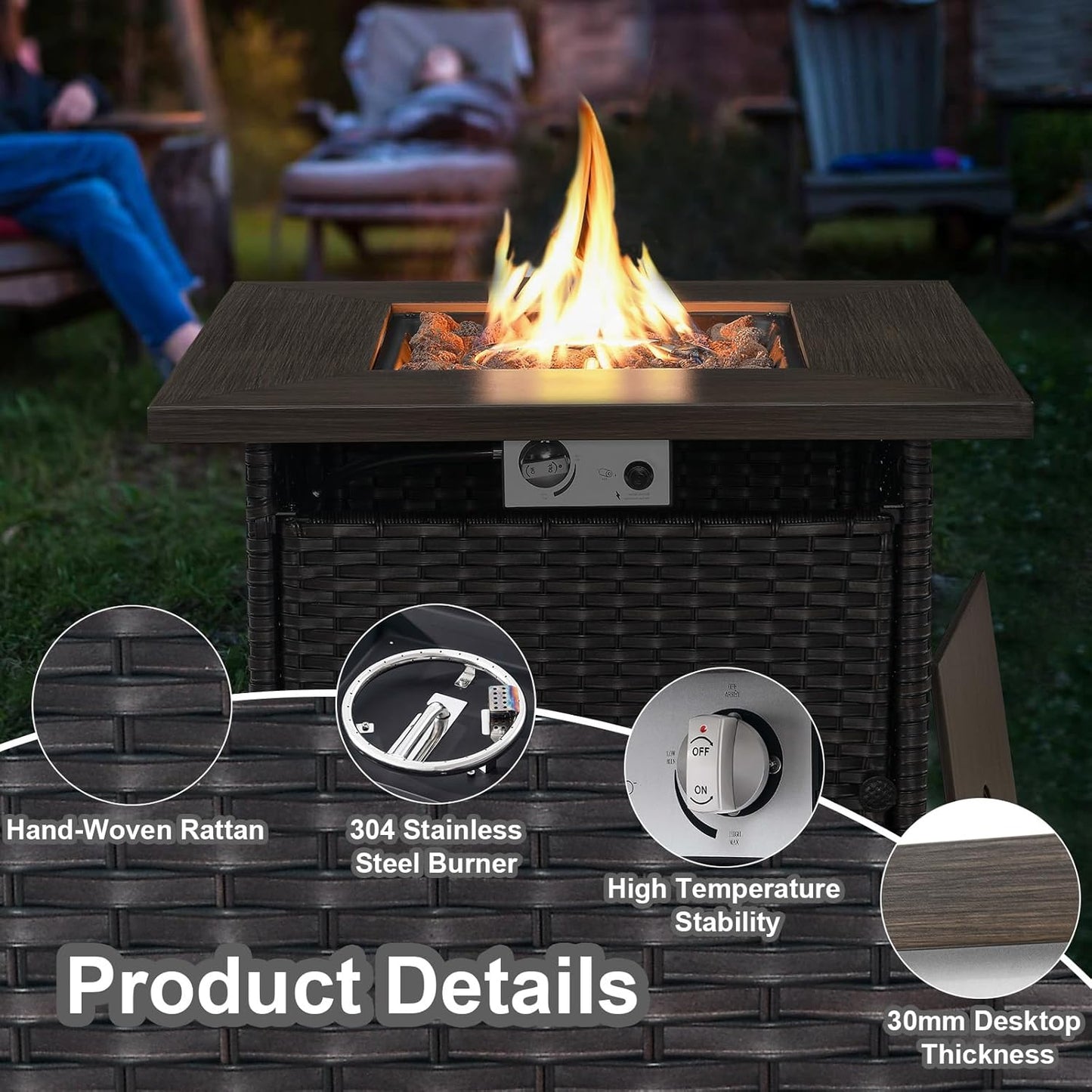 HUMMUH 5 Piece Patio Furniture Set,Wicker Swivel Rocker Patio Chairs Set of 4 with 30'' Fire Pit Table Outdoor Furniture Set for Porch,Garden,Backyard