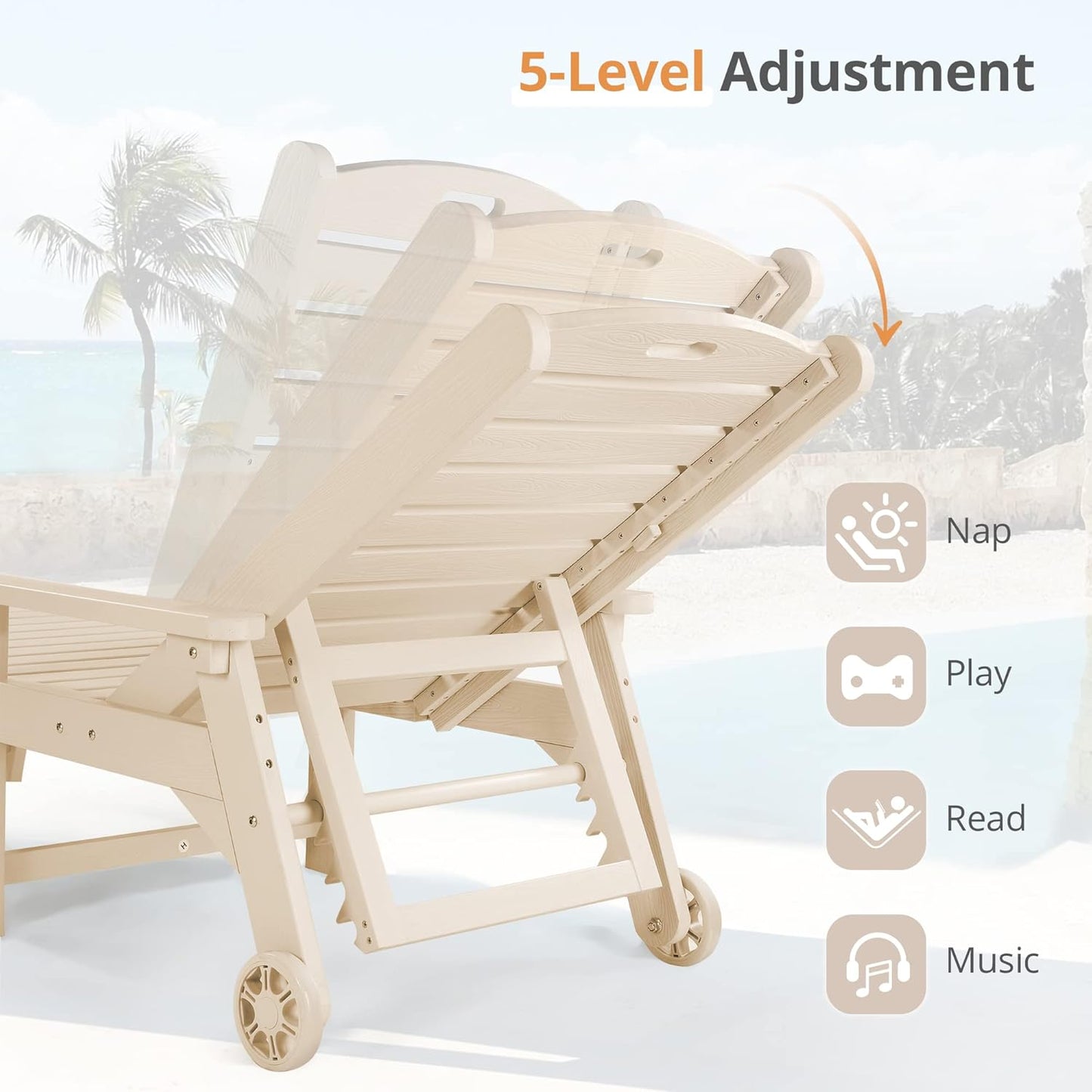 LUE BONA Outdoor Chaise Lounge, 79'' Oversized HDPS Chaise Lounger, 5 Positions Adjustable Lounge Chairs, Pool Lounge Chair with Wheels for Poolside, Backyard, 3 Year Warranty, Sand