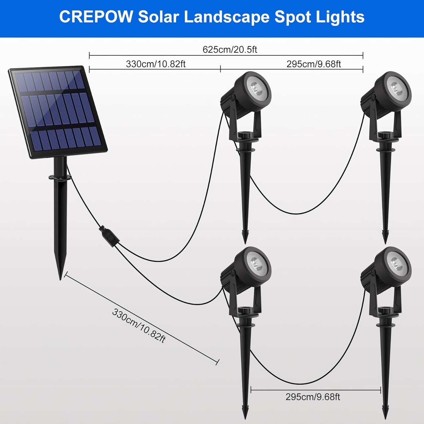 Solar Spot Lights Outdoor, 4-in-1 Solar Landscape Spotlight Waterproof 9.8ft Cable, 5W 3000mAh, Auto ON/Off Adjustable Wall Lights for Yard, Ground, Garden, Pool, Lawn (Cold White)