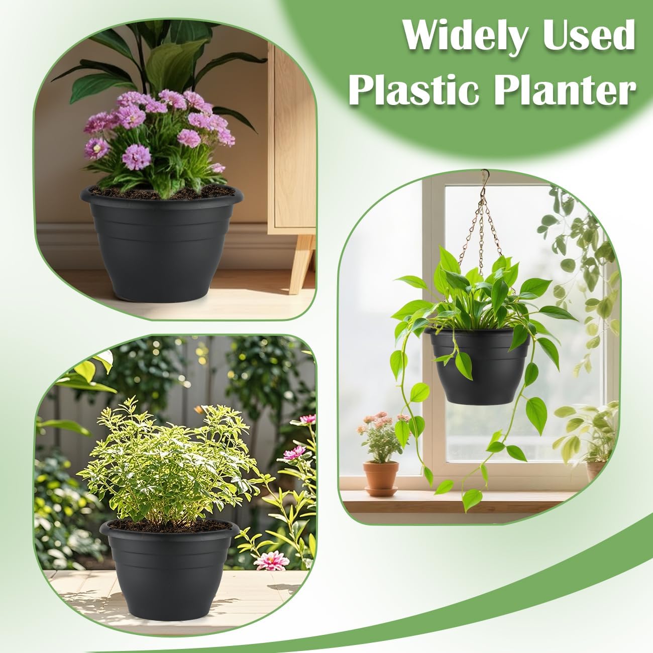 Plant Pots Indoor with Drainage, 3 Pack 11 Inch Plastic Pots for Plants(10 inch Inner Diameter), Durable Plastic Flower Pots, Planters for Indoor Ourdoor Plants, Black
