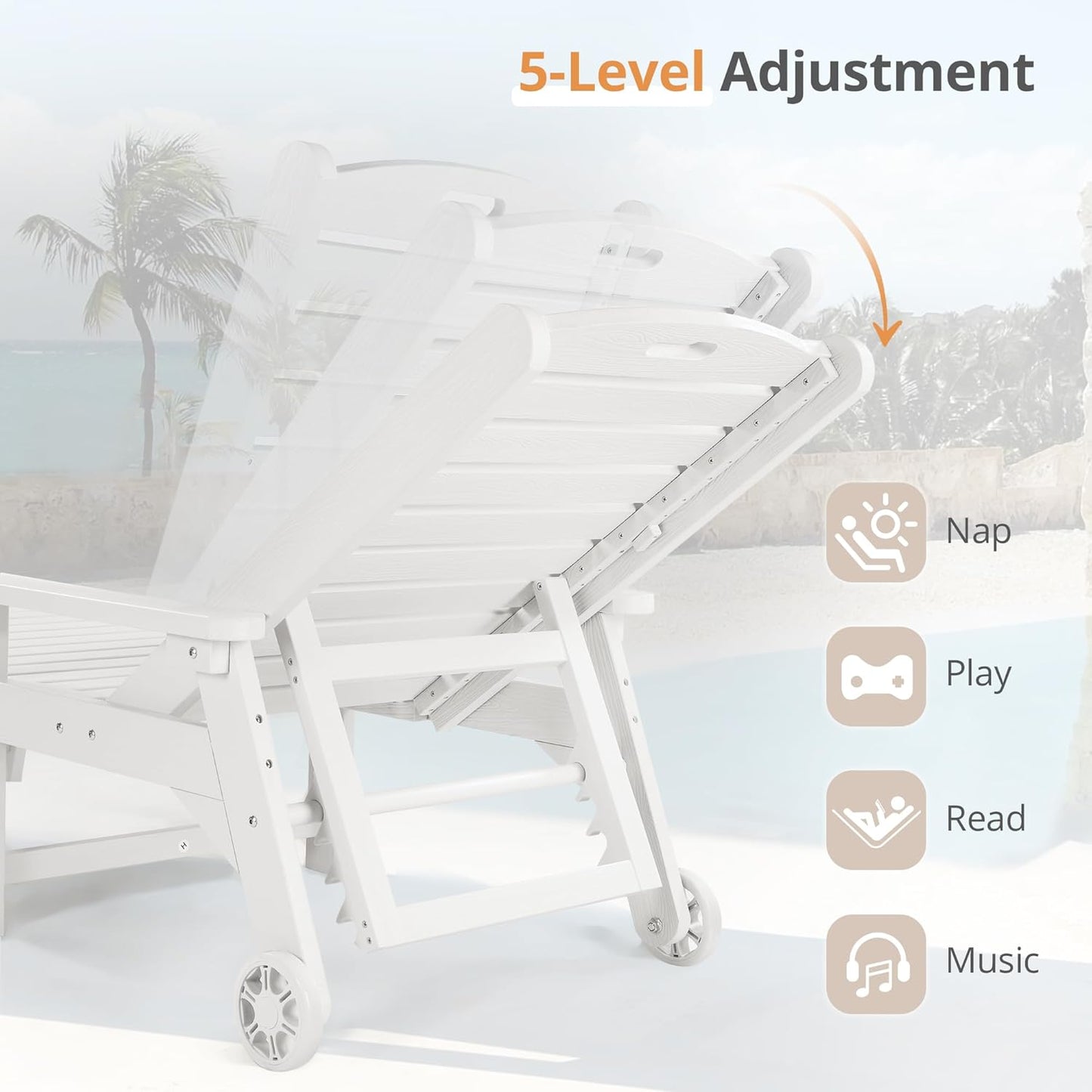 LUE BONA Outdoor Chaise Lounge, 79'' Oversized HDPS Chaise Lounger, 5 Positions Adjustable Lounge Chairs, Pool Lounge Chair with Wheels for Poolside, Backyard, 3 Year Warranty, White
