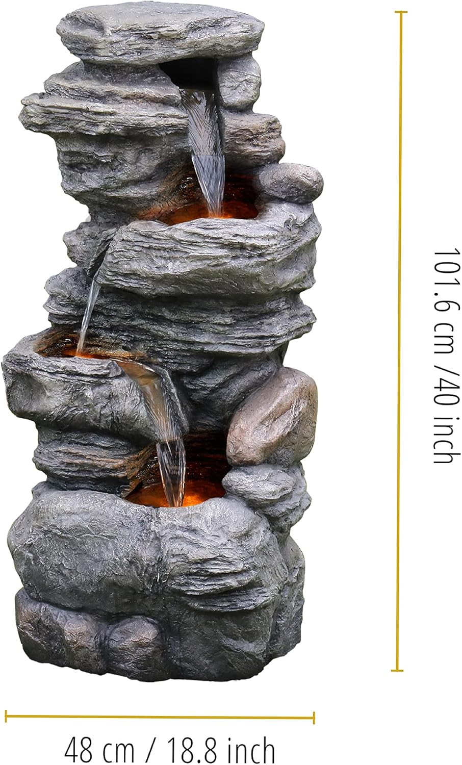 Teamson Home 39.37 in. Outdoor Faux Stacked Stone 4-Tier Water Fountain with LED Lights and Pump, Gray