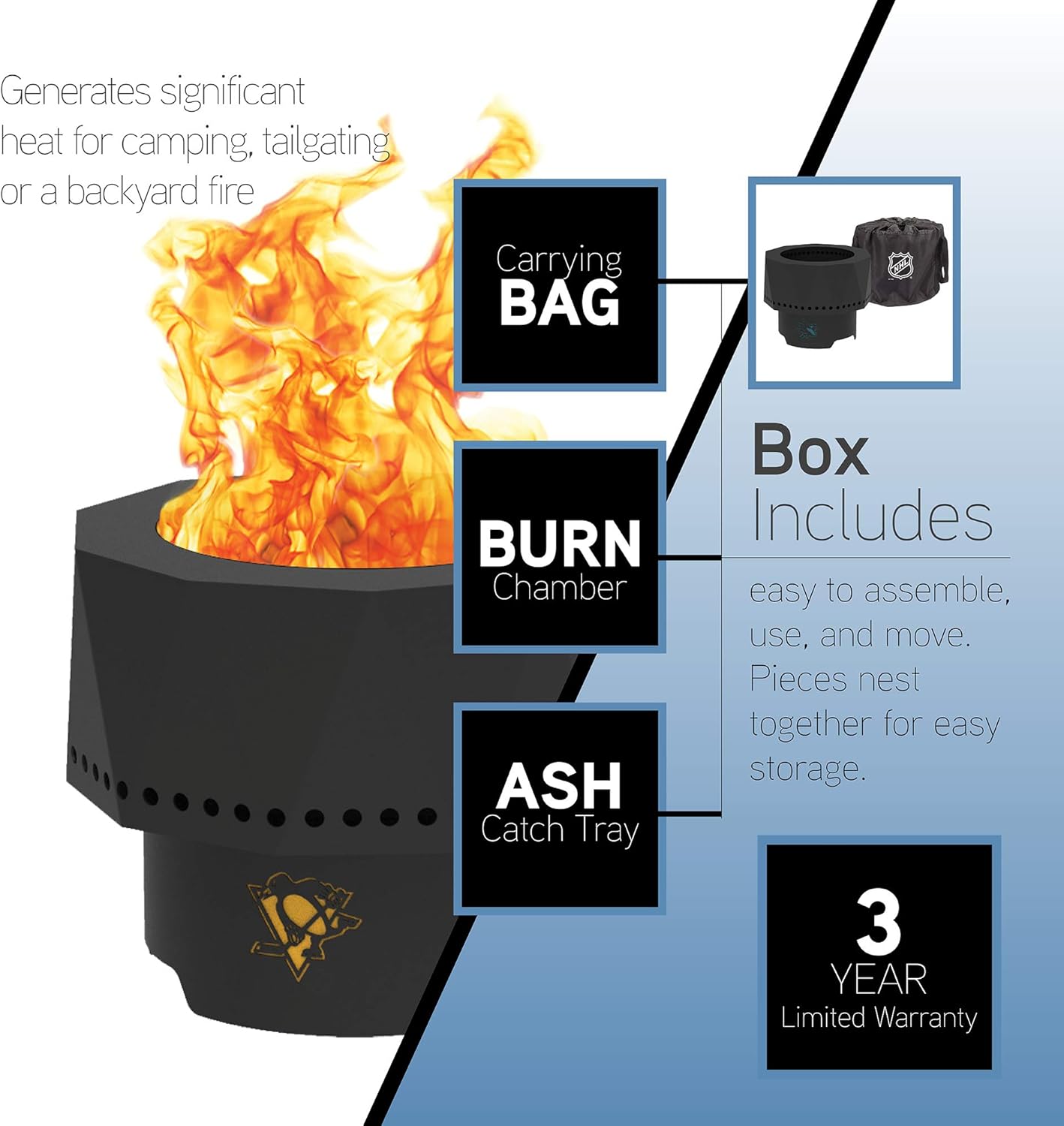 Blue Sky Outdoor Living NHL Montreal Canadiens Ridge Portable Steel Smokeless Fire Pit with Carrying Bag & Spark Screen Kit, Firewood & Wood Pellet