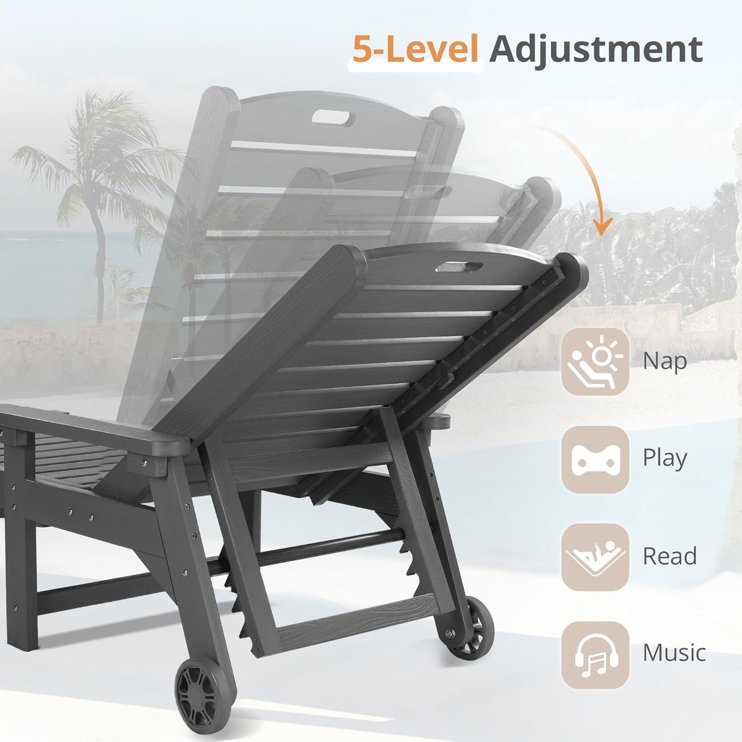 LUE BONA Chaise Lounge Chair with Table, 2-Piece,79'' Oversized HDPS Chaise Lounger, 5 Positions Adjustable Lounge Chairs, Pool Lounge Chair with Wheels for Poolside, 3 Year Warranty, Dark Gray