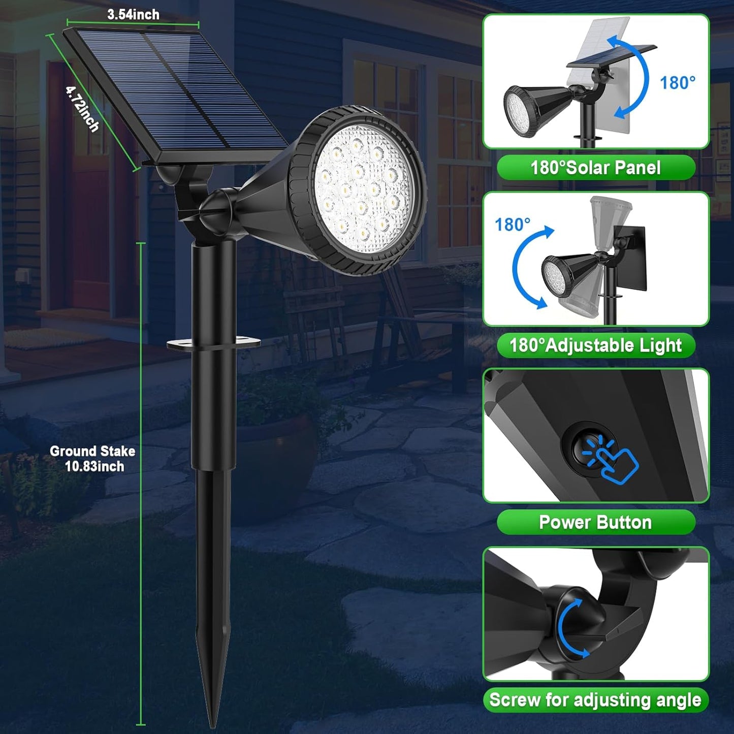 Solar Spot Lights Outdoor Waterproof 180° Adjustable Solar Powered Landscape Lights for Yard 4 Lighting Modes Solar Spotlights for Pathway Garden Outside Wall Pool Porch (2 Pack, Cool White)