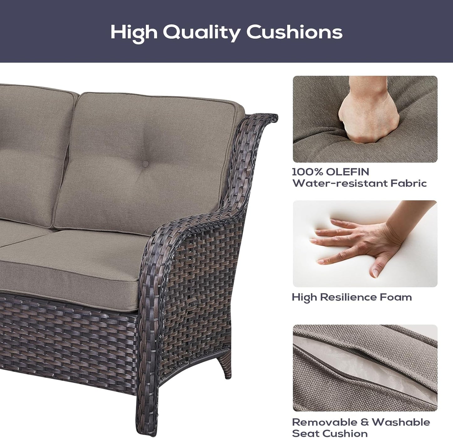 Outdoor Patio Furniture Set with 50000BTU Propane Fire Pit Table, 7 Pieces Wicker Patio Conversation Set with 2 Swivel Glider Rocker Chair Rattan Sofa Grey Cushion Perfect for Casual Gathering