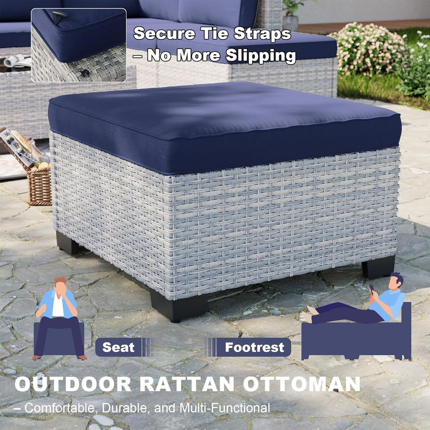 12-Piece Patio Furniture Set, Outdoor Patio Furniture with Swivel Chairs Set, Ottomans, Modular Patio Sofa, Dual-Strand Wicker Rattan, Rust-Resistant Frame, Navy Blue