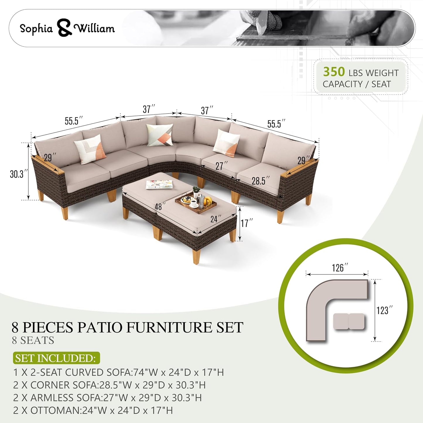 Sophia & William Half Moon Patio Furniture Set 8 Piece Outdoor Sectional Sofa Set, Wicker Patio Conversation Set with 1 Curved Sofa, 2 Armless Chairs, 2 Corner Couch, 2 Ottoman for Deck, Lawn (Beige)