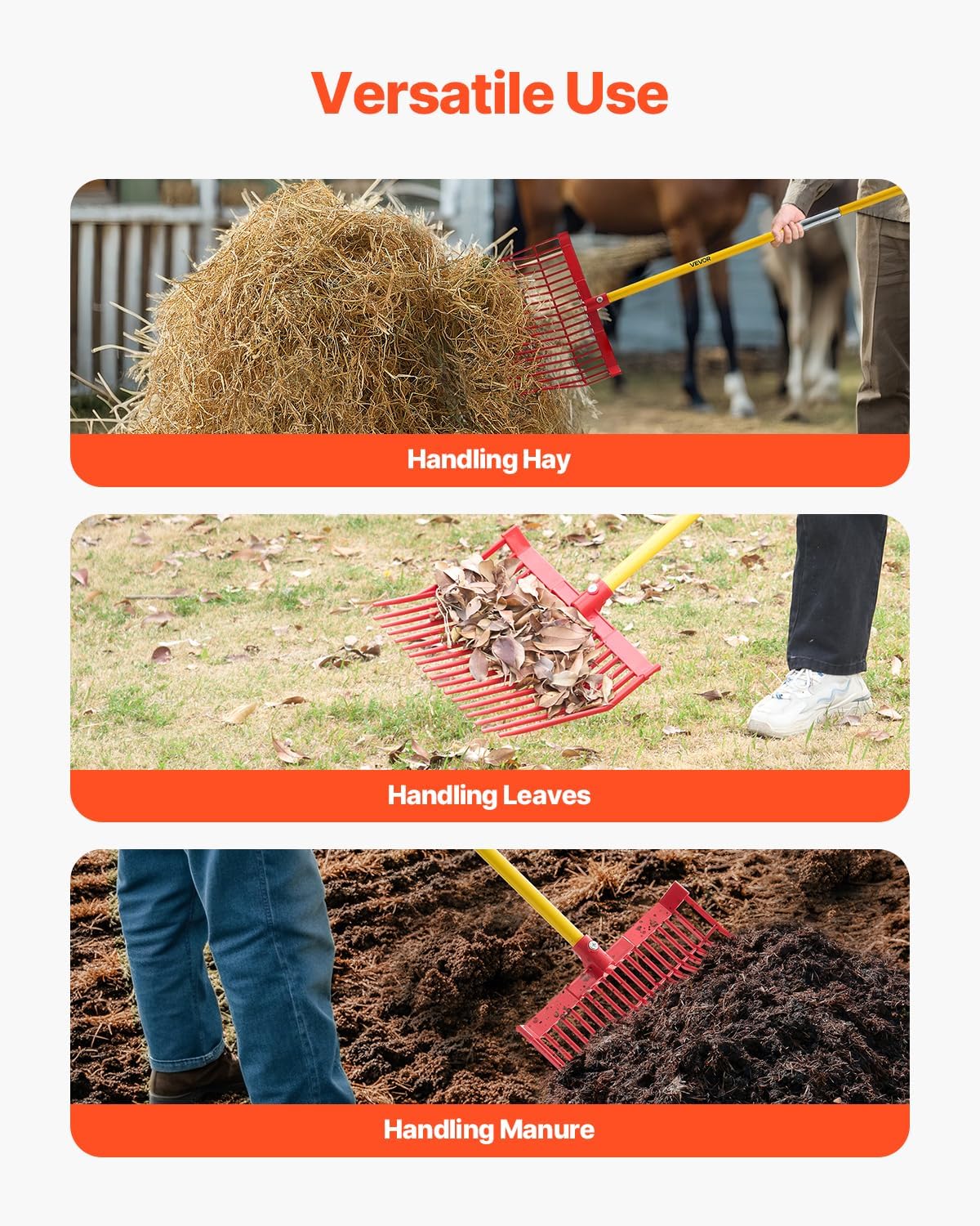VEVOR Manure Fork, 18 Angled Tines, Horse Manure Rake with Long Fiberglass Handle, 61 in Durable Plastic Pitchfork Muck Rake Tool for Gardening Horse Stall Stable Grass Hay Cleaning Farm Work