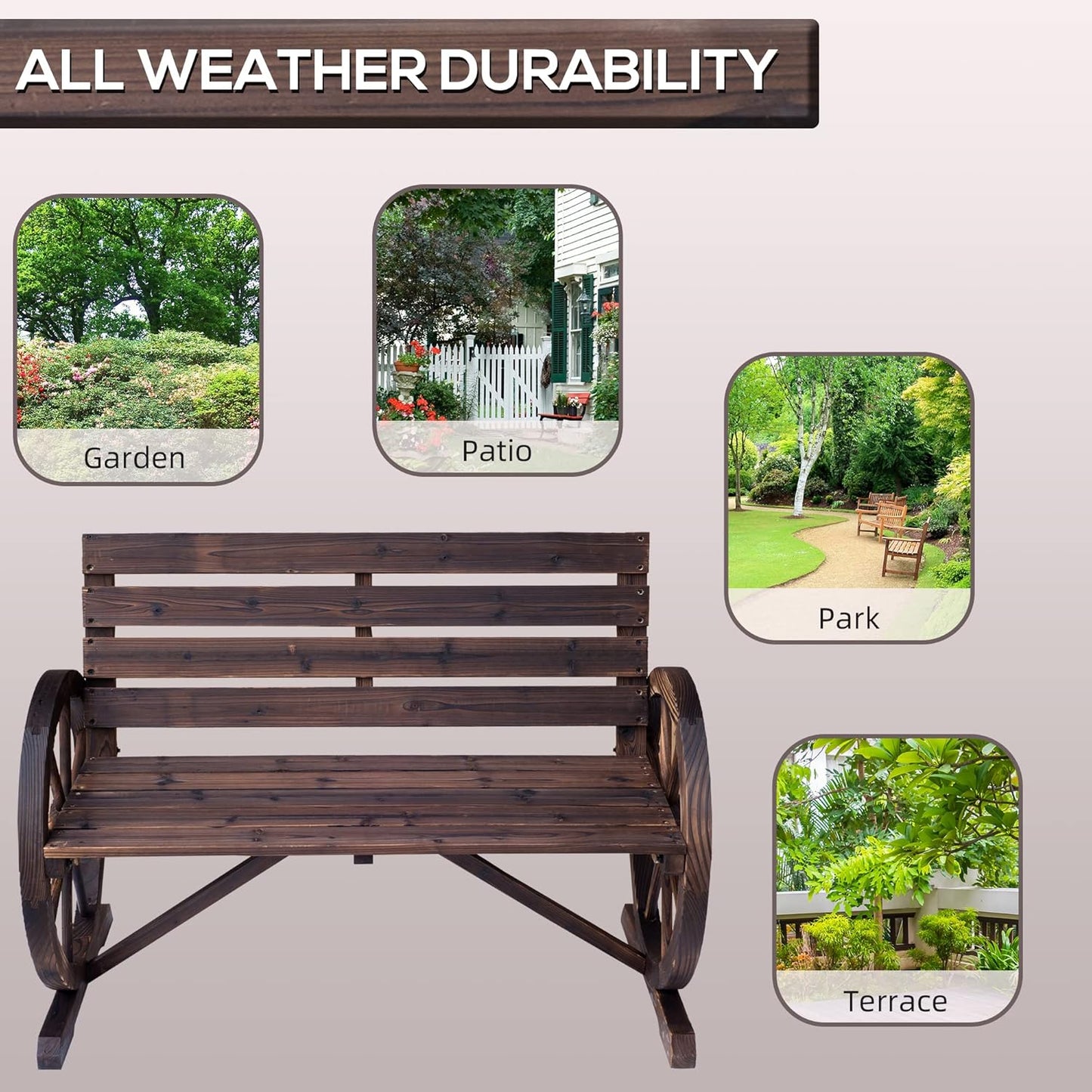 Outsunny 41" Wooden Wagon Wheel Bench, Rustic Outdoor Patio Weather Resistance Furniture, 2-Person Slatted Seat Bench with Backrest, Carbonized