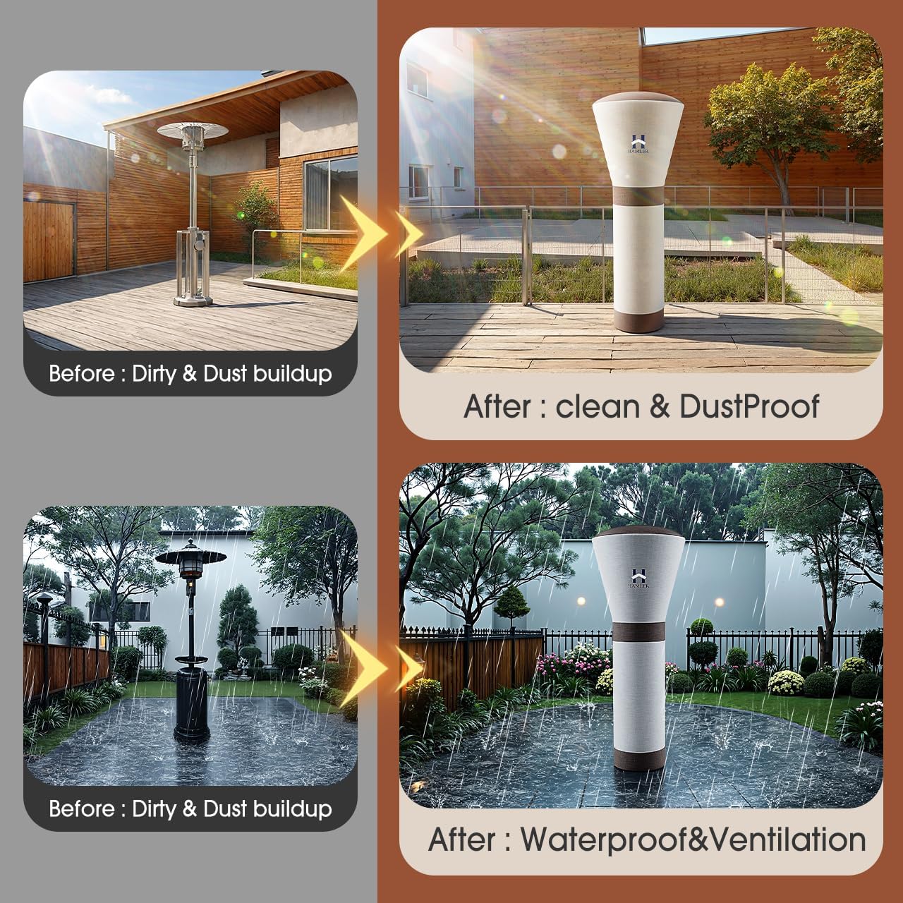 HAMLER Patio Heater Covers, Outdoor Heater Covers Waterproof with Zipper, Outdoor Patio Heater Cover Fits up to 95"H x 34"W x 19"W, Heavy Duty Heater Covers for Standing Heater, Brown & Beige