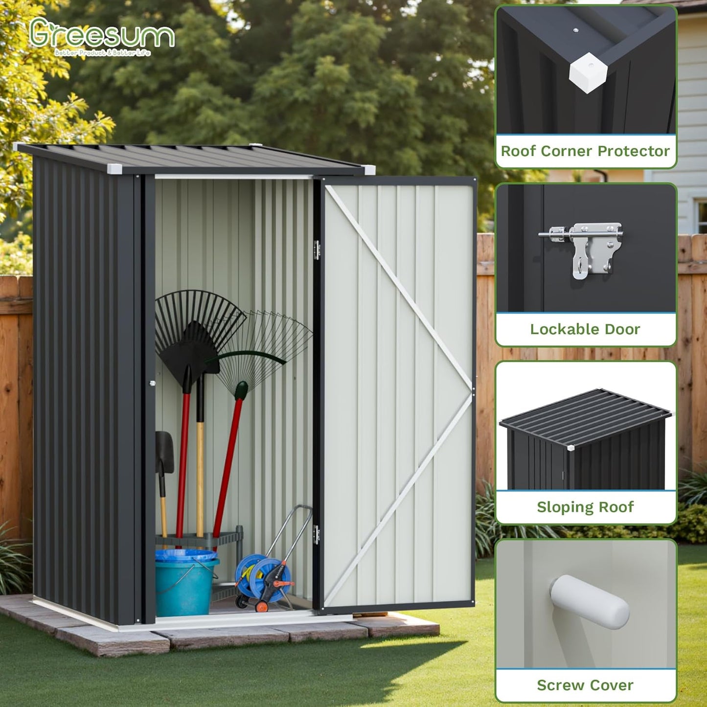 Greesum 3×3FT Outdoor Storage Shed, Metal Sheds with Sloping Roof and Lockable Single Door, Steel Tool Shed for Backyard, Bike, Patio, Garage, Lawn, Black