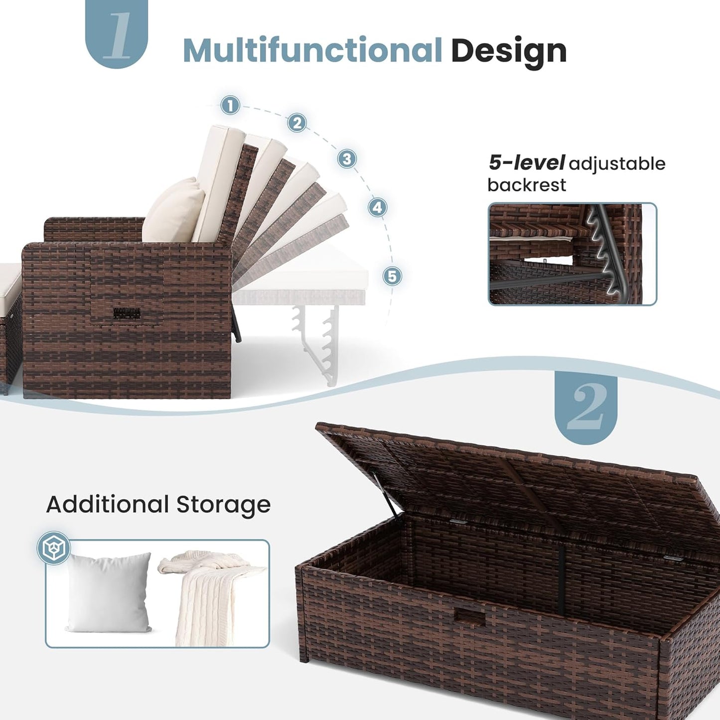 Amopatio Wicker Outdoor Daybed - Outdoor Loveseat with Storage Ottoman,4-Level Adjustable Backrest & Cushions, Patio Loveseat for Yard, Balcony, Porch, Garden, Poolside(Beige)