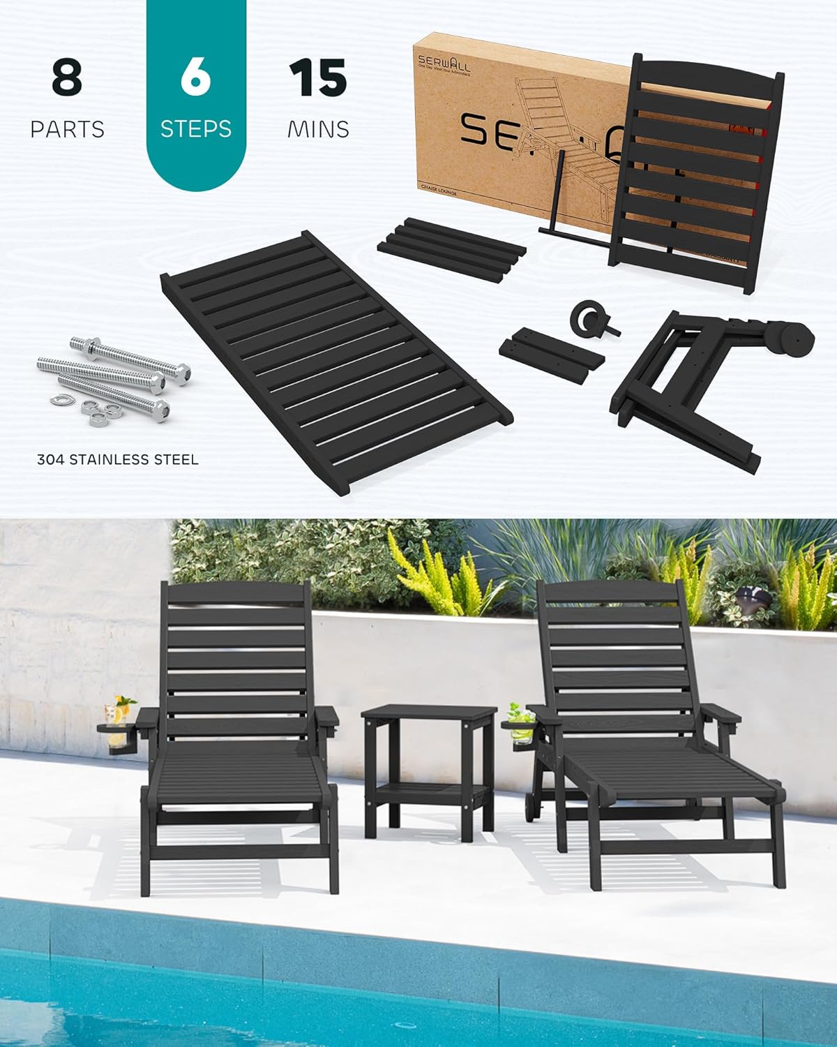 SERWALL Patio Chaise Lounge Chair Set of 2, 78'' Long 5-Positions Adjustable HDPE Outdoor Lounge Chair for Pool, Poly Lounge Chair with Rolling Wheels & Cup Holder for Poolside, Deck, Obsidian Black