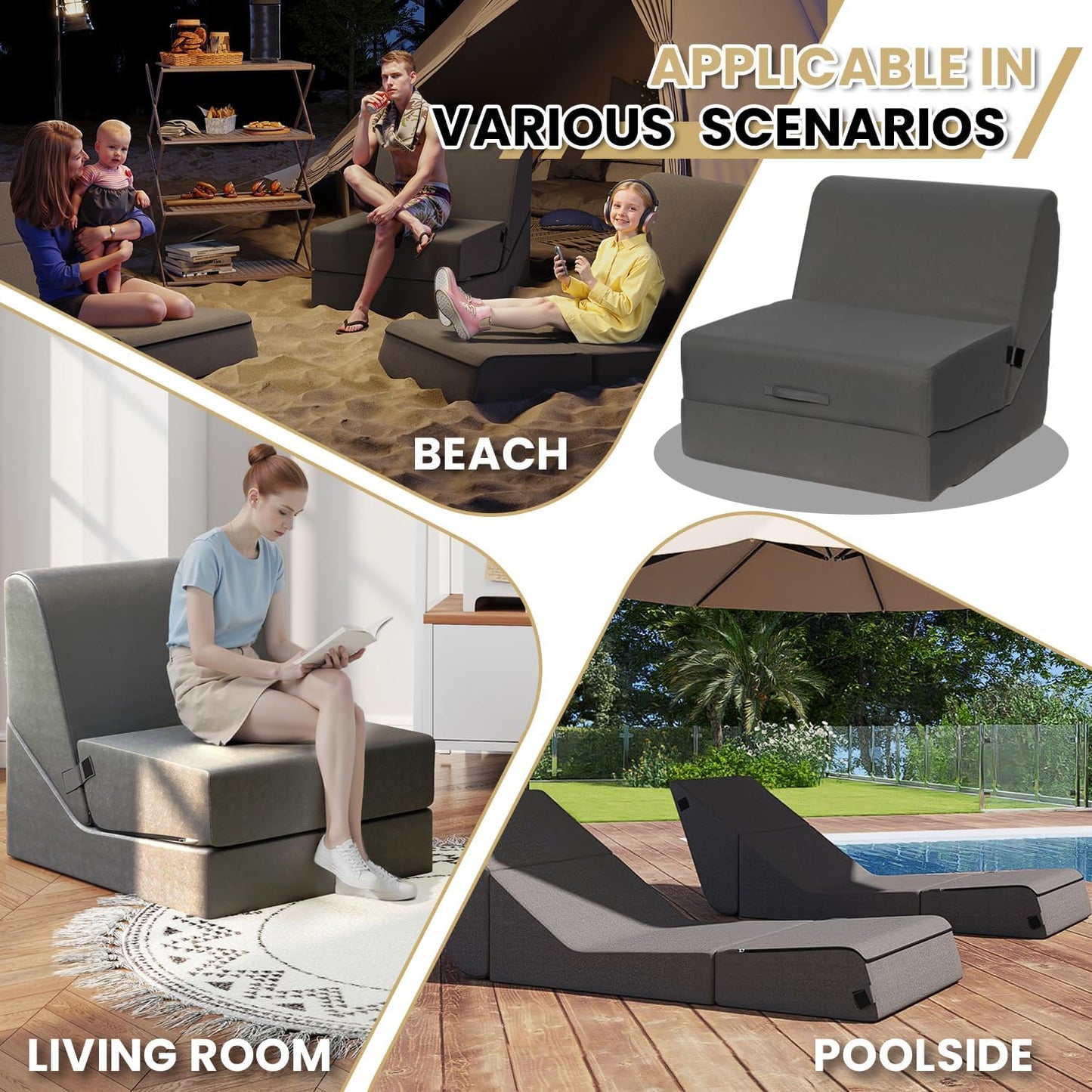 jela Outdoor Chaise Lounge, Waterproof Folding Sofa Bed Lounge Chair, UV Resistant Folding Lounge Chair with Machine Washable Cover, Soft Foam Patio Sofa Chairs Pool Lounge Chaise Chairs (Darkgrey)