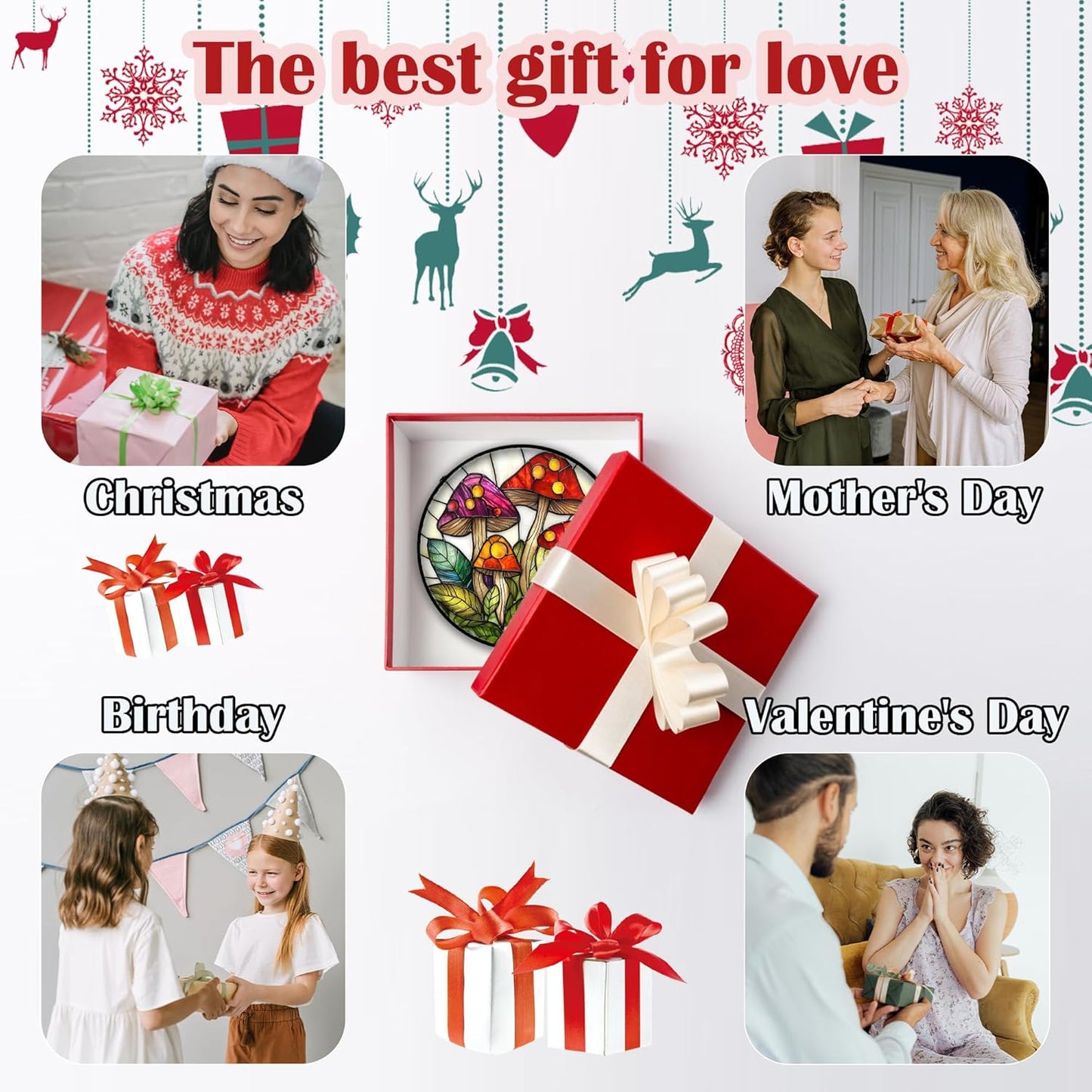 Stained Glass Window Hanging, Mushroom Leaves Suncatcher for Doors Home Sun Catchers Decoration and Christmas, Mother's Day Birthday Gifts for Women, Men, and Mom 6.3 in