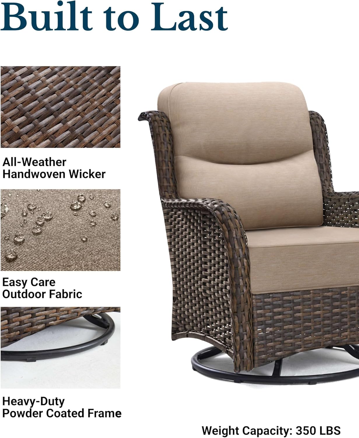 HILLGA Luxury Patio Furniture Set with 6-Inch Thick Cushions, High Back Outdoor Swivel Rocker Chairs and Table, 6-Piece All Weather Conversation Set for Porch Deck Balcony Yard, Beige (V3)