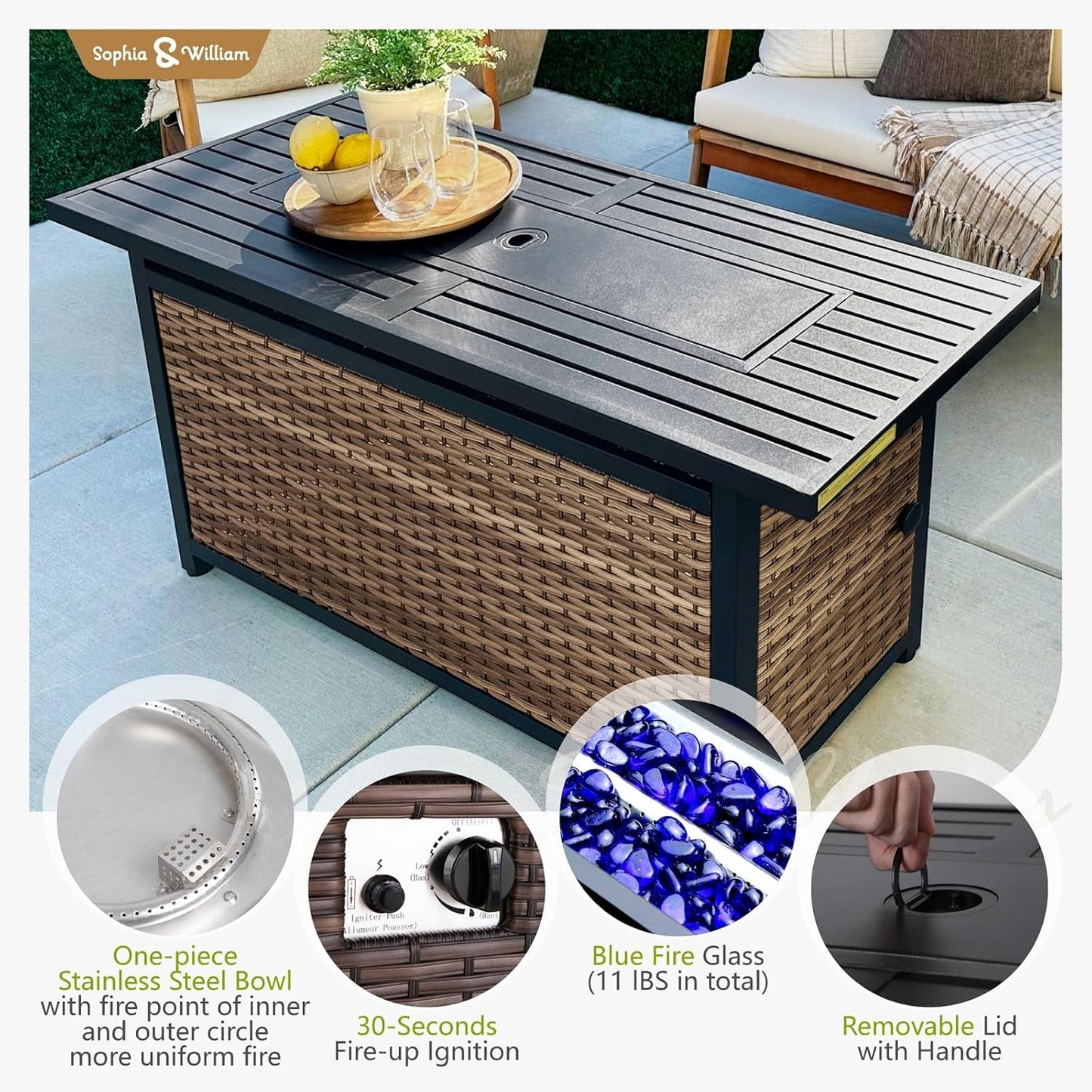 Sophia & William Patio Furniture Set with Fire Pit Table, 9 Piece Half Moon Outdoor Wicker Sectional Sofa Set, Rattan Conversation Set with 56-Inch Fire Pit Table & Ottoman (Aqua Blue)