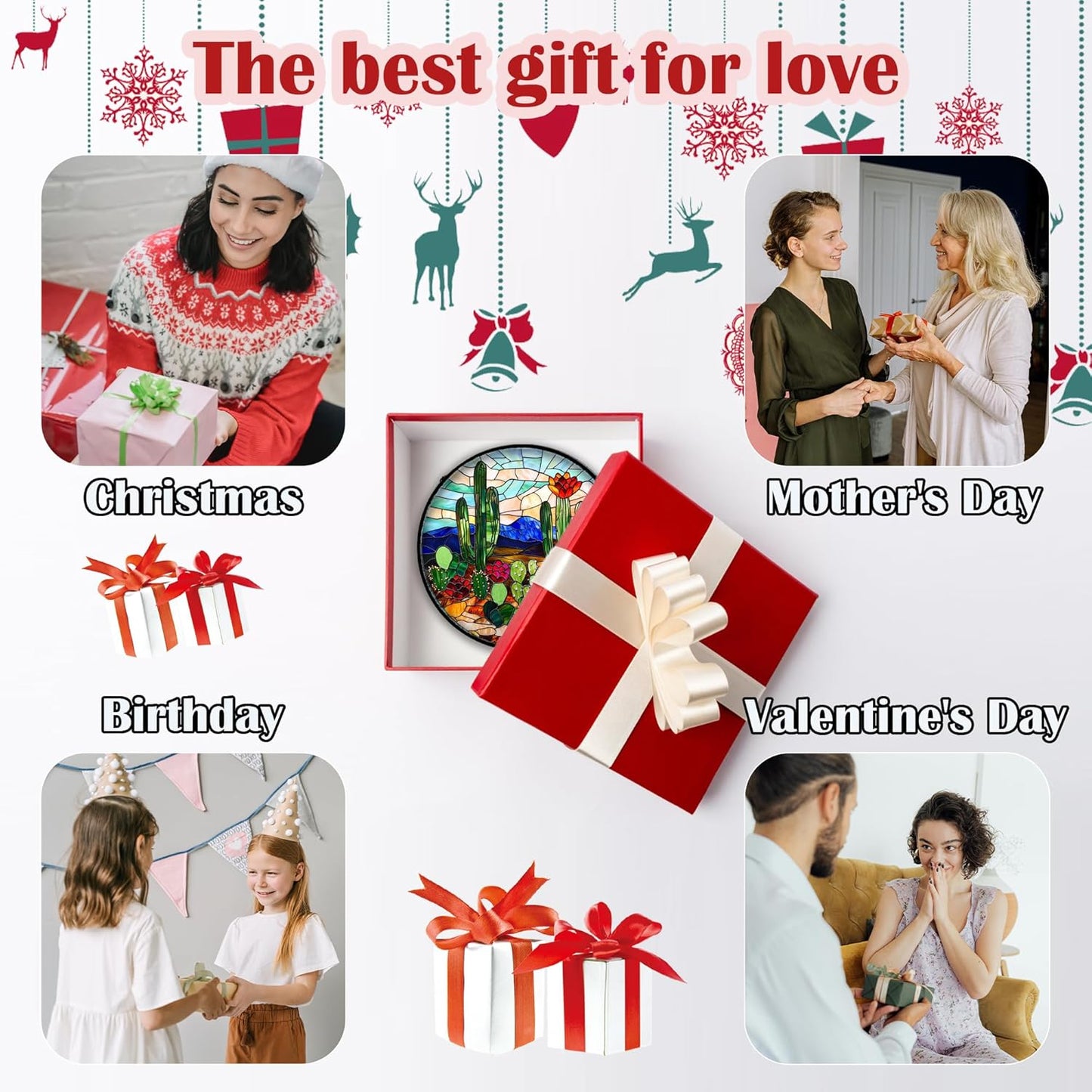 Stained Glass Window Hanging, Green Cactus Suncatcher for Doors Window Home Plant Landscape Sun Catchers Decoration Mother's Day Birthday Gifts for Women, Men, and Mom 15 in