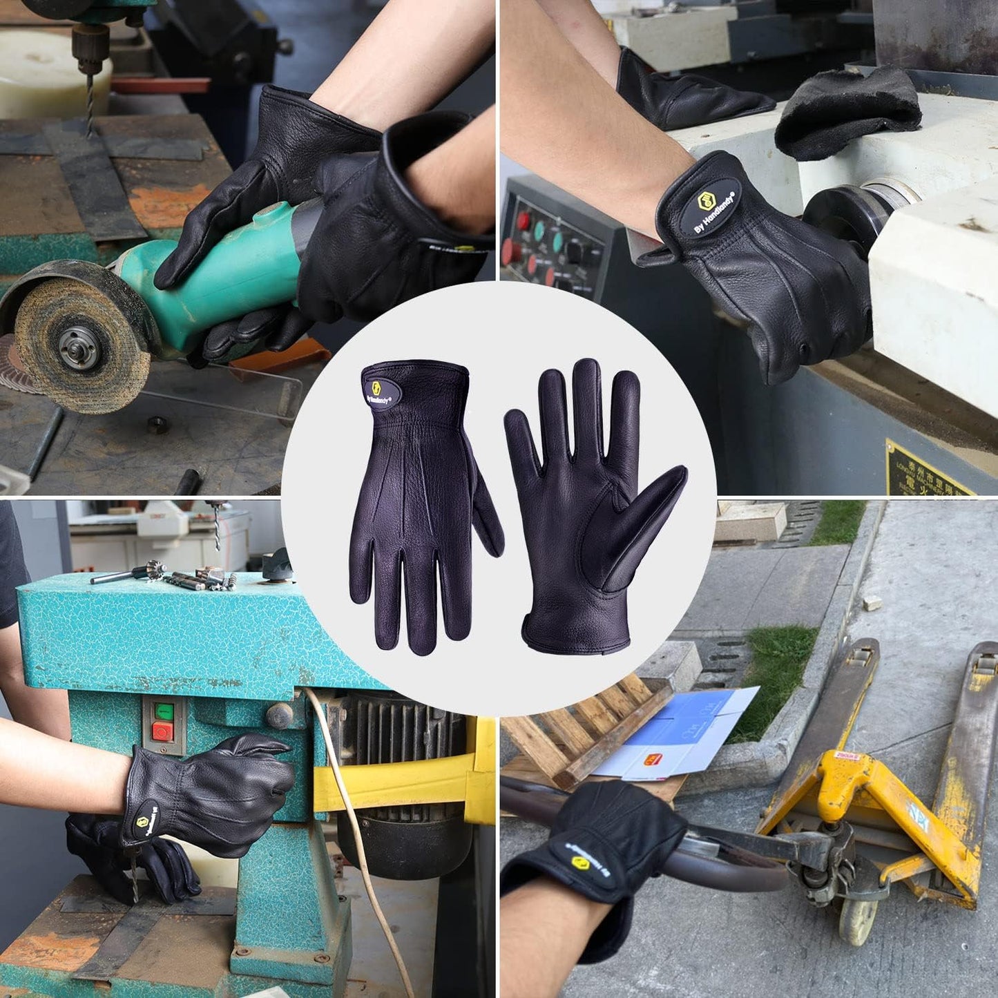 HLDD HANDLANDY Leather Work Gloves for Men & Women, Adjustable Wrist Cowhide Gardening Glove with Reinforced Palm for Driver