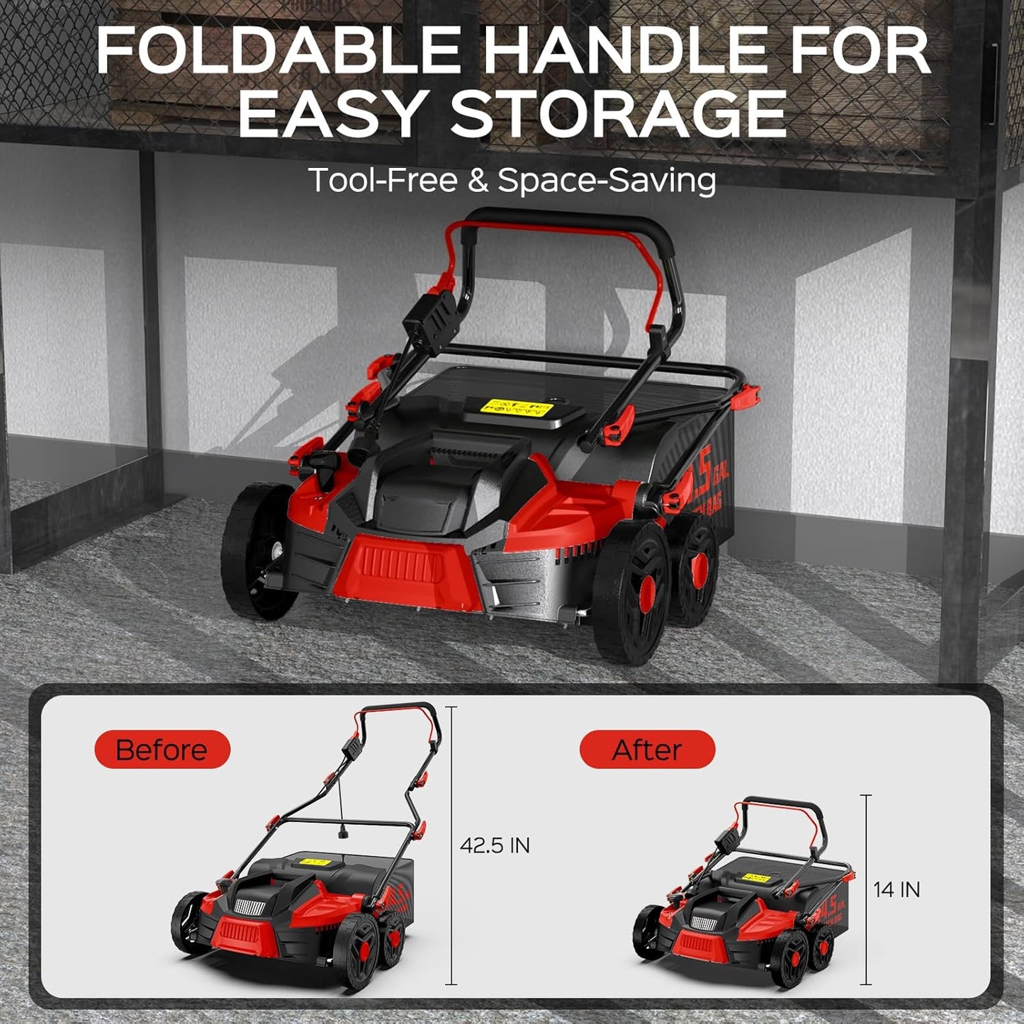 16-Inch 15.5 Amp 2-in-1 Electric Dethatcher and Scarifier with 14.5-Gallon Collection Bag, Lawn Dethatcher with 5-Position Adjustment, Quick-Fold, Keeps Lawn Healthy - Red