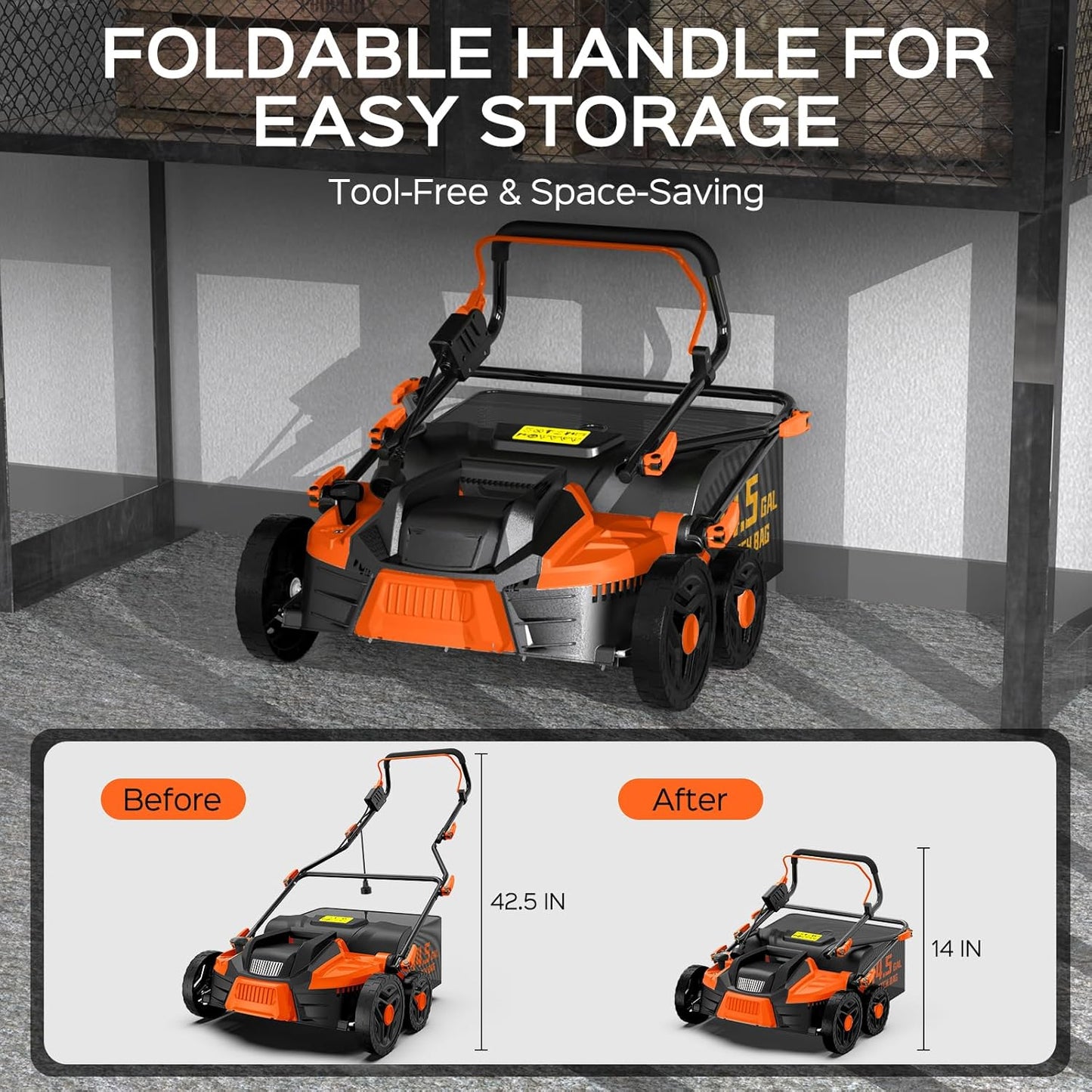 2025 Upgrade 16-Inch 15.5 Amp 2-in-1 Electric Dethatcher and Scarifier with 14.5-Gallon Collection Bag, Lawn Dethatcher with 5-Position Depth Adjustment, Keeps Lawn Healthy – Bright Orange