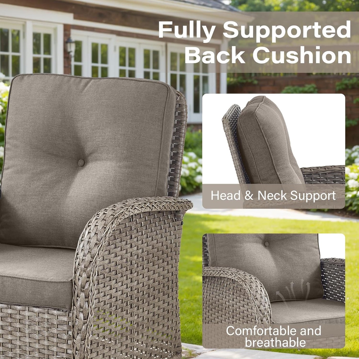 7-Piece Modern Gray Wicker Patio Conversation Set - 4 Swivel Glider Chairs & 50,000 BTU Propane Fire Table