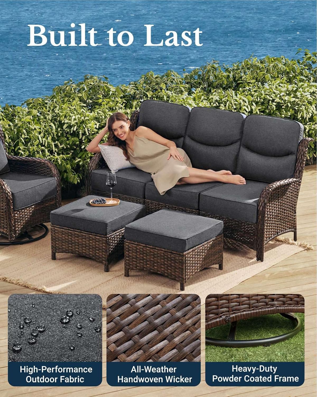 HILLGA Luxury Patio Furniture Set with 6-Inch Thick Cushions, High Back Outdoor Swivel Rocker Chairs and Patio Couch, 6-Piece All Weather Conversation Set for Porch Deck Pool Yard, Dark Grey (V3)