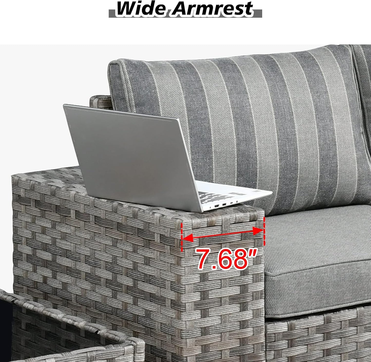 HOOOWOOO Modular Patio Outdoor Sectional Furniture Set with Gas Propane Fire Pit Table,7 Piece Wicker Conversation Sofa Set,Out Door Couch Set with Wide Arm Outside(Grey Stripes)
