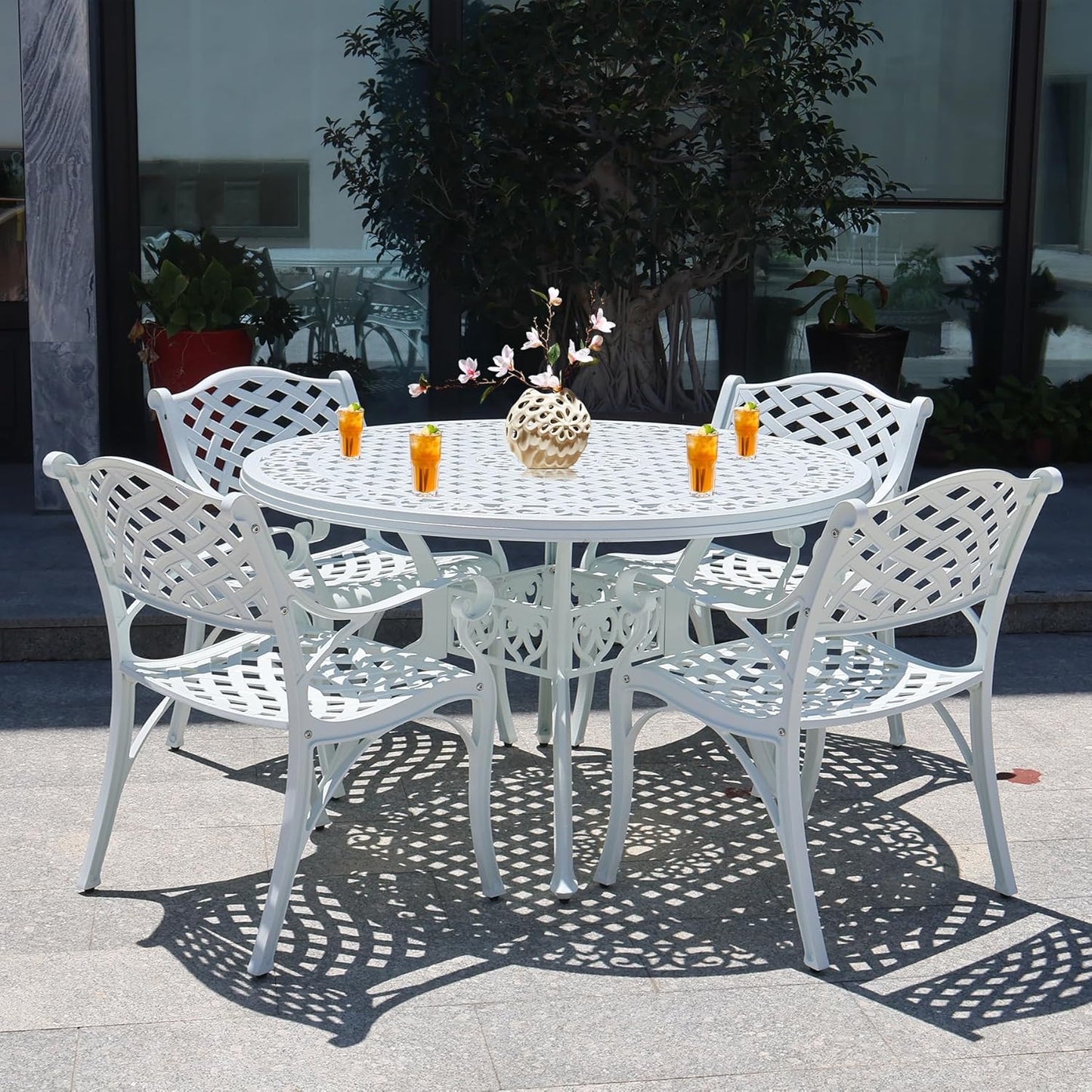 48" Round Patio Table for 6-8 Person Cast Aluminum Bistro Table with 2.36" Umbrella Hole,Metal Outdoor Dining Tables,Wrought Iron Patio Bistro Table,White Patio Table.